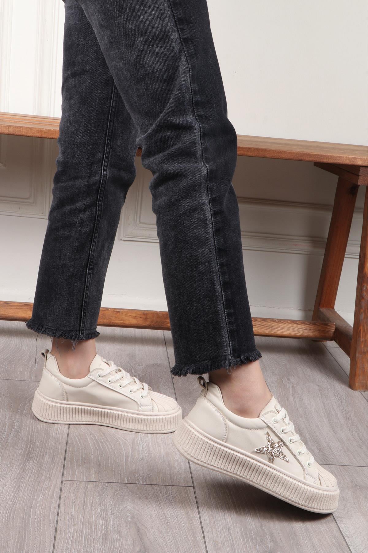 MY BELLA DV-7100 Taşlı Kadın Sneaker Bej