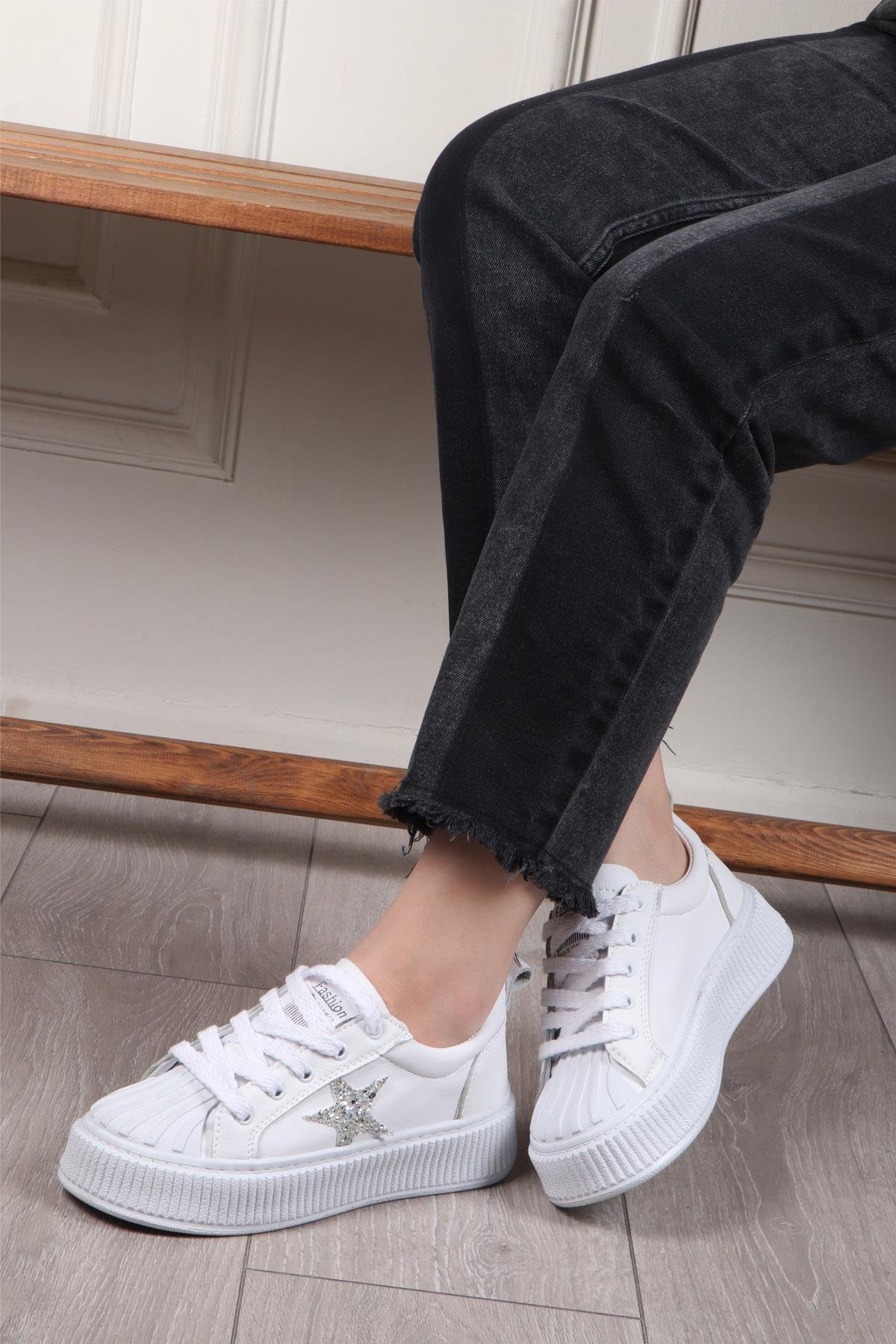 MY BELLA DV-7100 Taşlı Kadın Sneaker Beyaz