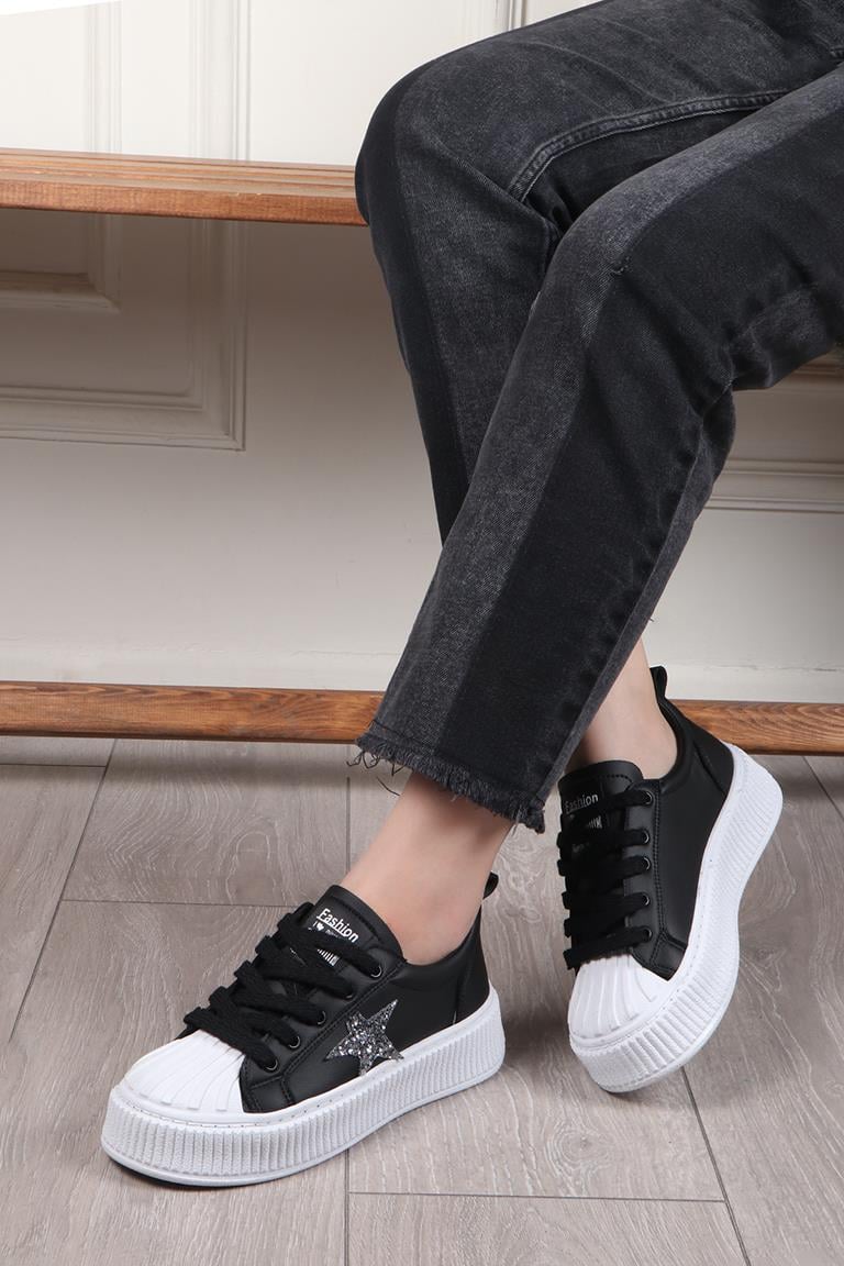 MY BELLA DV-7100 Taşlı Kadın Sneaker Siyah Beyaz