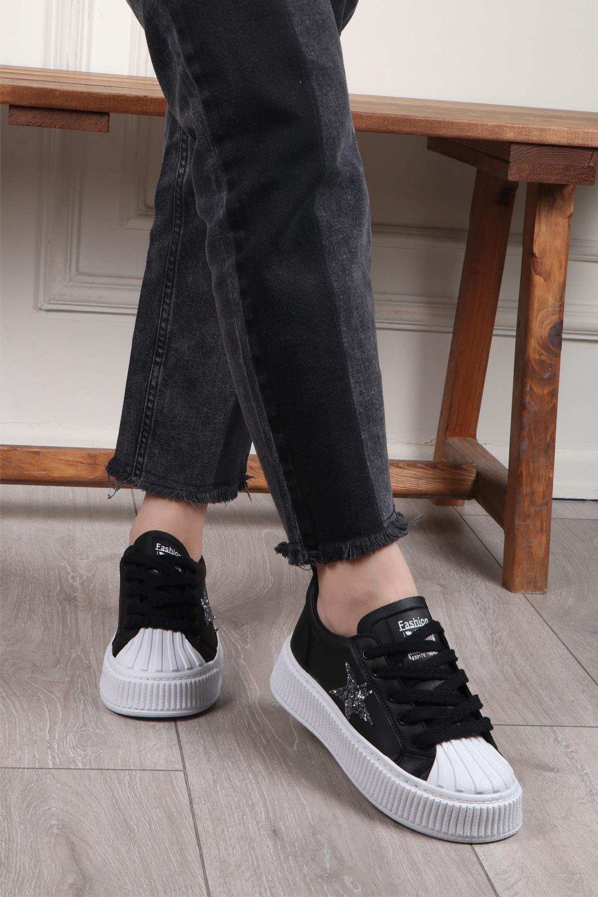 MY BELLA DV-7100 Taşlı Kadın Sneaker Siyah Beyaz