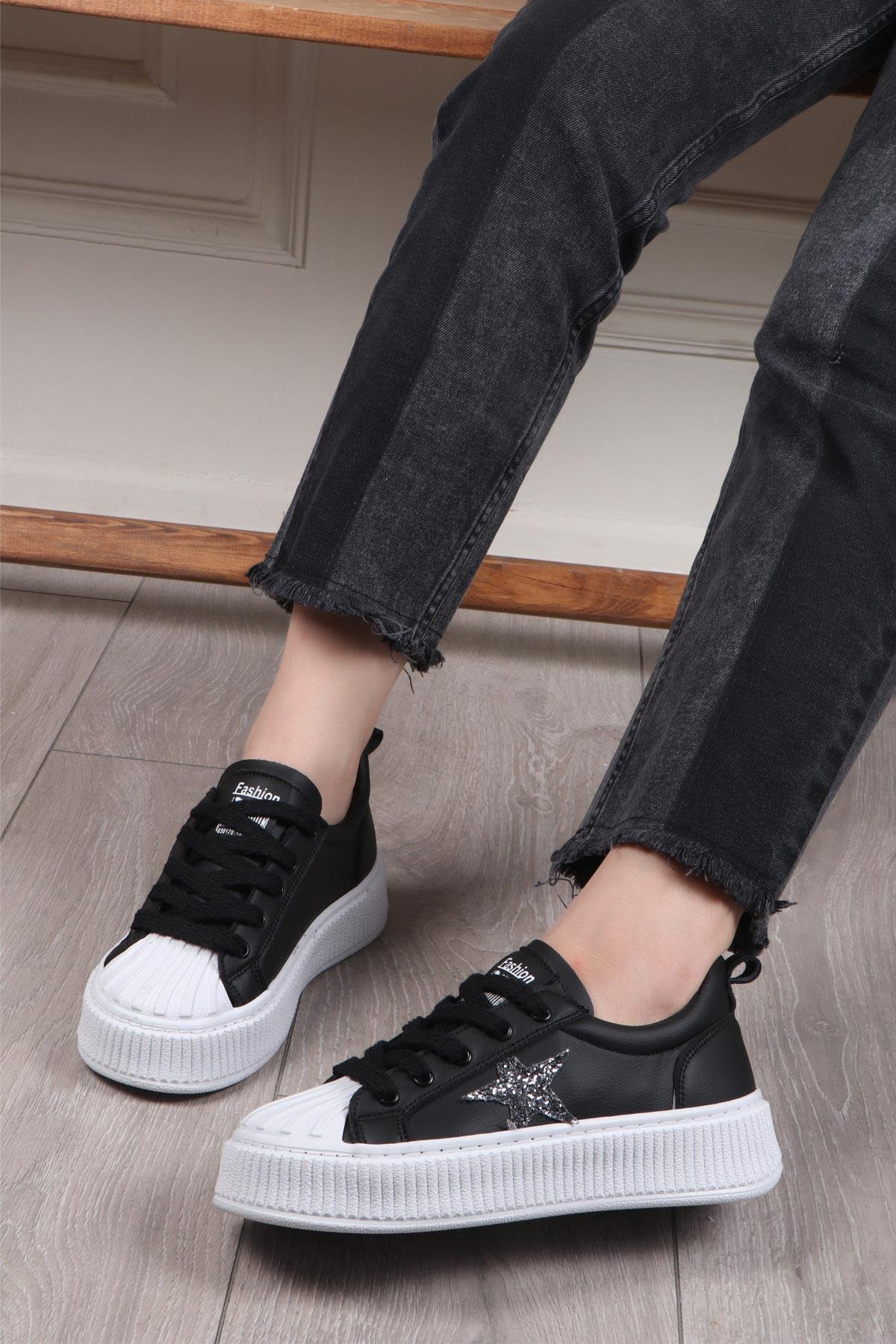 MY BELLA DV-7100 Taşlı Kadın Sneaker Siyah Beyaz