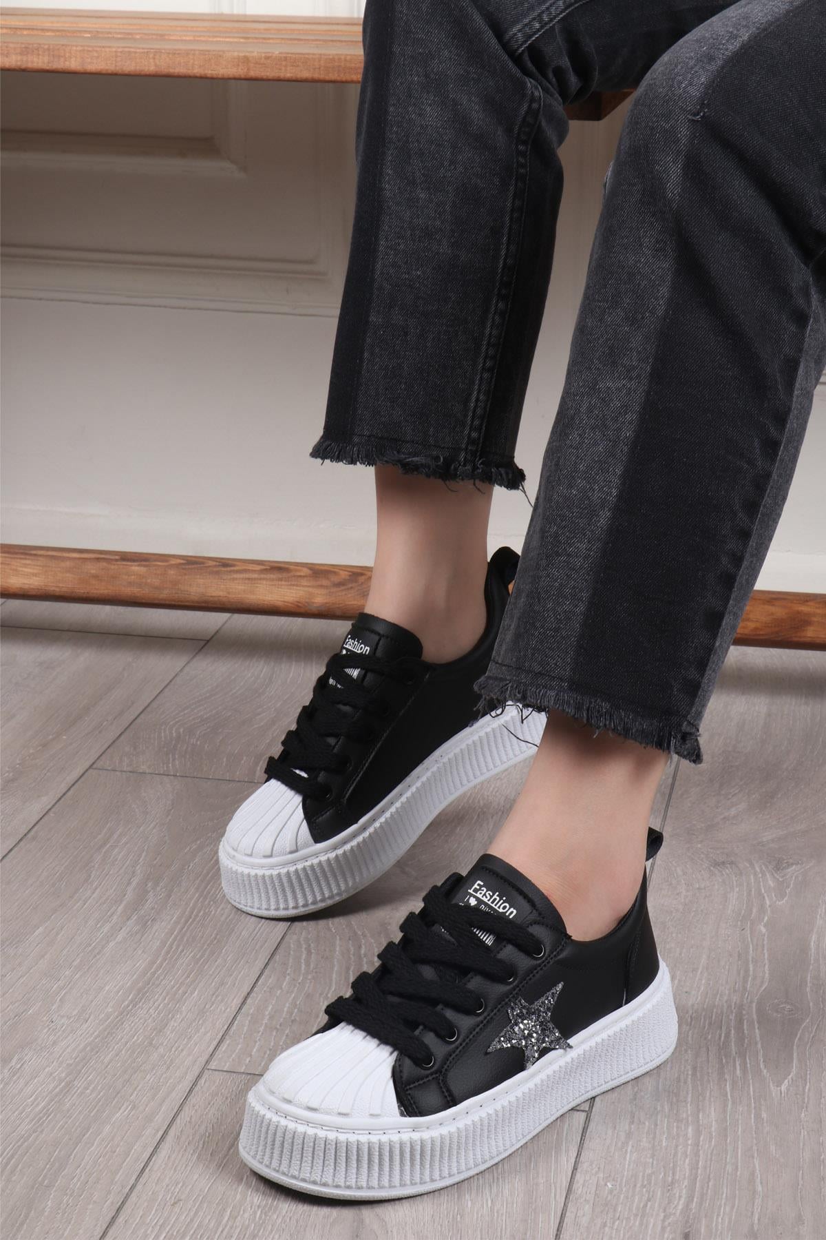 MY BELLA DV-7100 Taşlı Kadın Sneaker Siyah Beyaz
