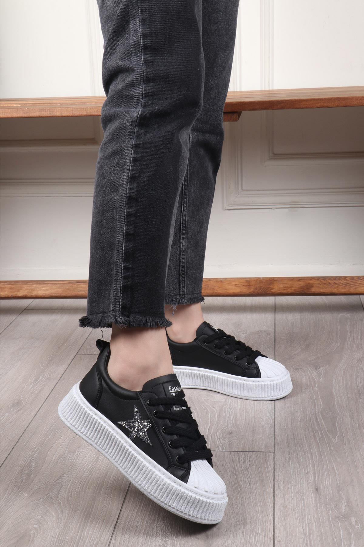 MY BELLA DV-7100 Taşlı Kadın Sneaker Siyah Beyaz
