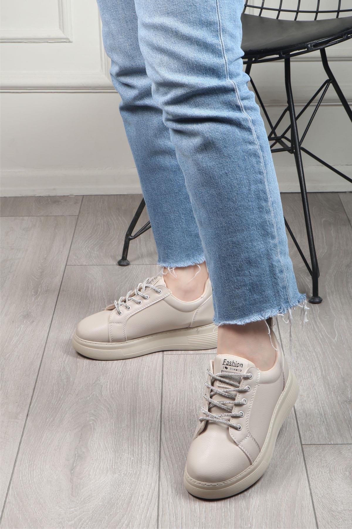 MY BELLA DV-800 Taşlı Bağcıklı Kadın Ayakkabı Bej