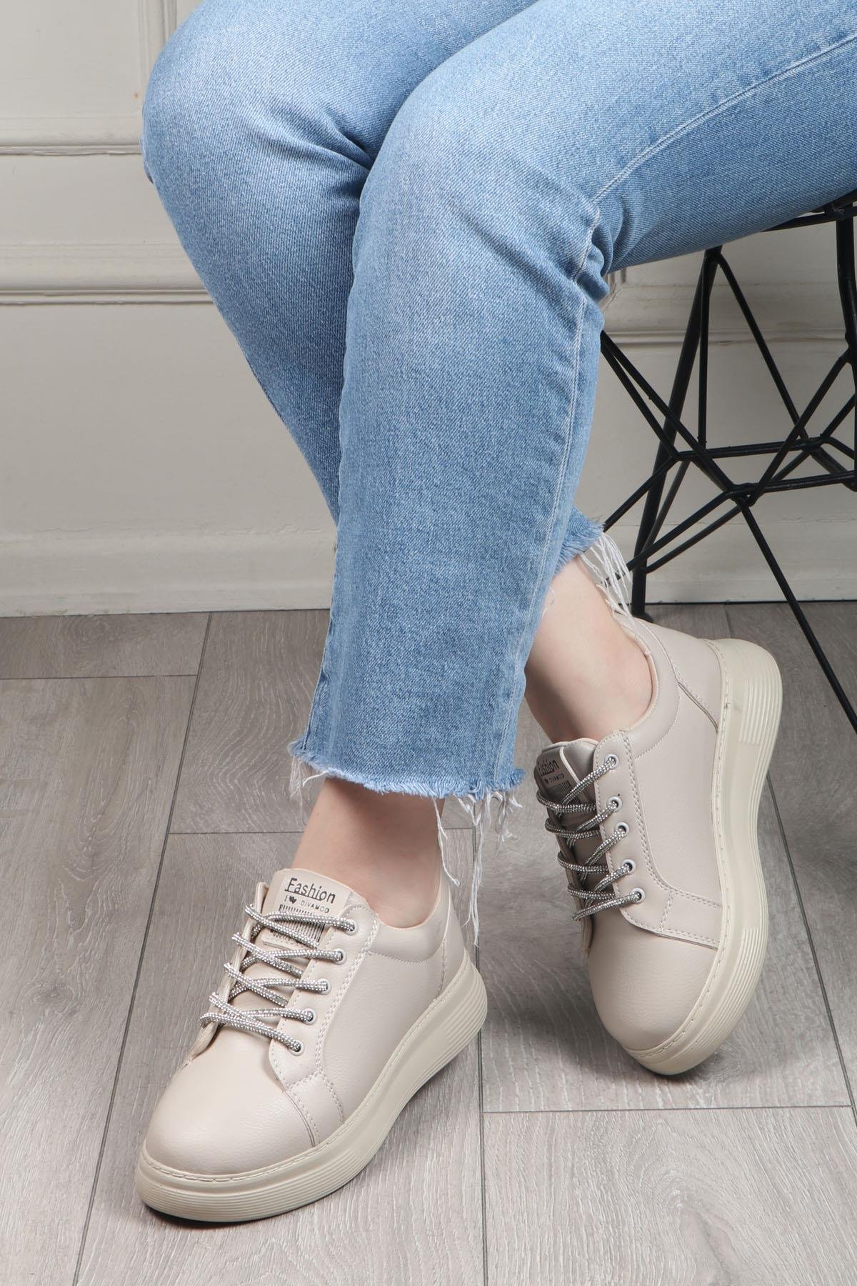 MY BELLA DV-800 Taşlı Bağcıklı Kadın Ayakkabı Bej