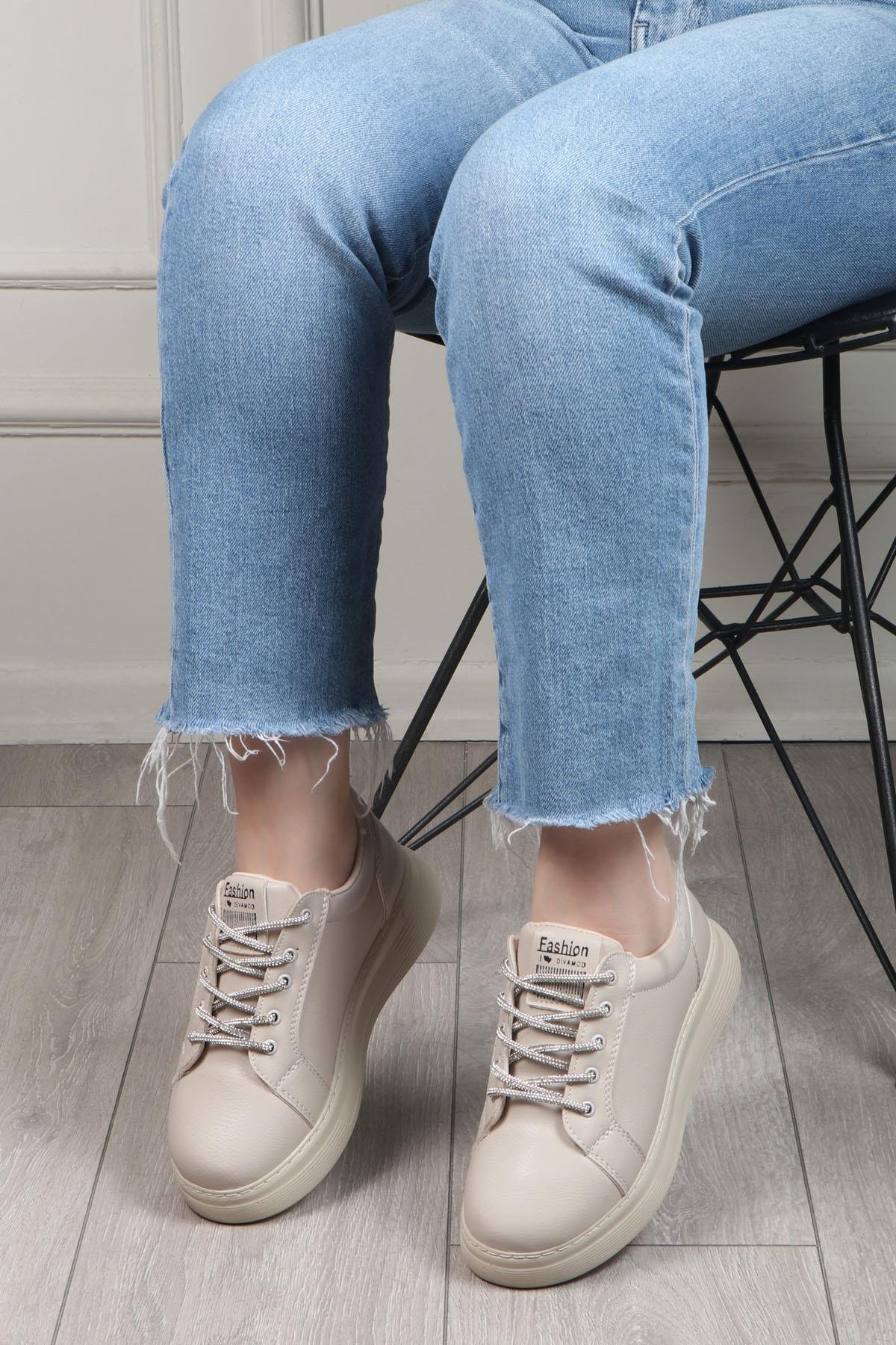 MY BELLA DV-800 Taşlı Bağcıklı Kadın Ayakkabı Bej