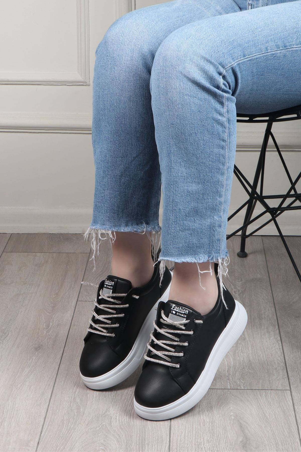 MY BELLA DV-800 Taşlı Bağcıklı Kadın Ayakkabı Siyah Beyaz