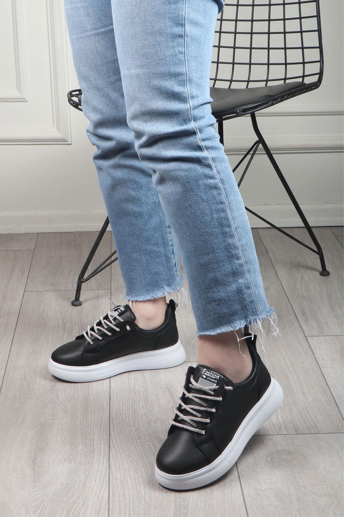 MY BELLA DV-800 Taşlı Bağcıklı Kadın Ayakkabı Siyah Beyaz