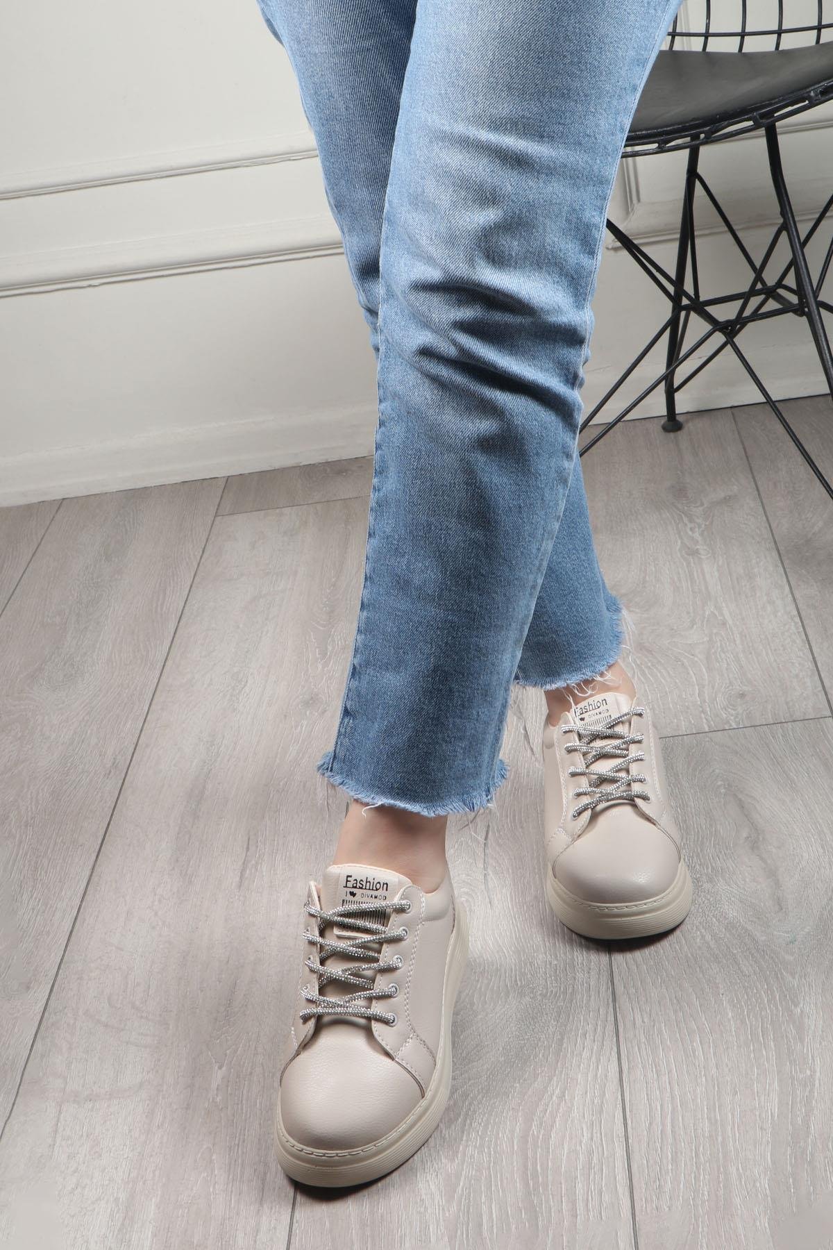 MY BELLA DV-800 Taşlı Bağcıklı Kadın Ayakkabı Bej