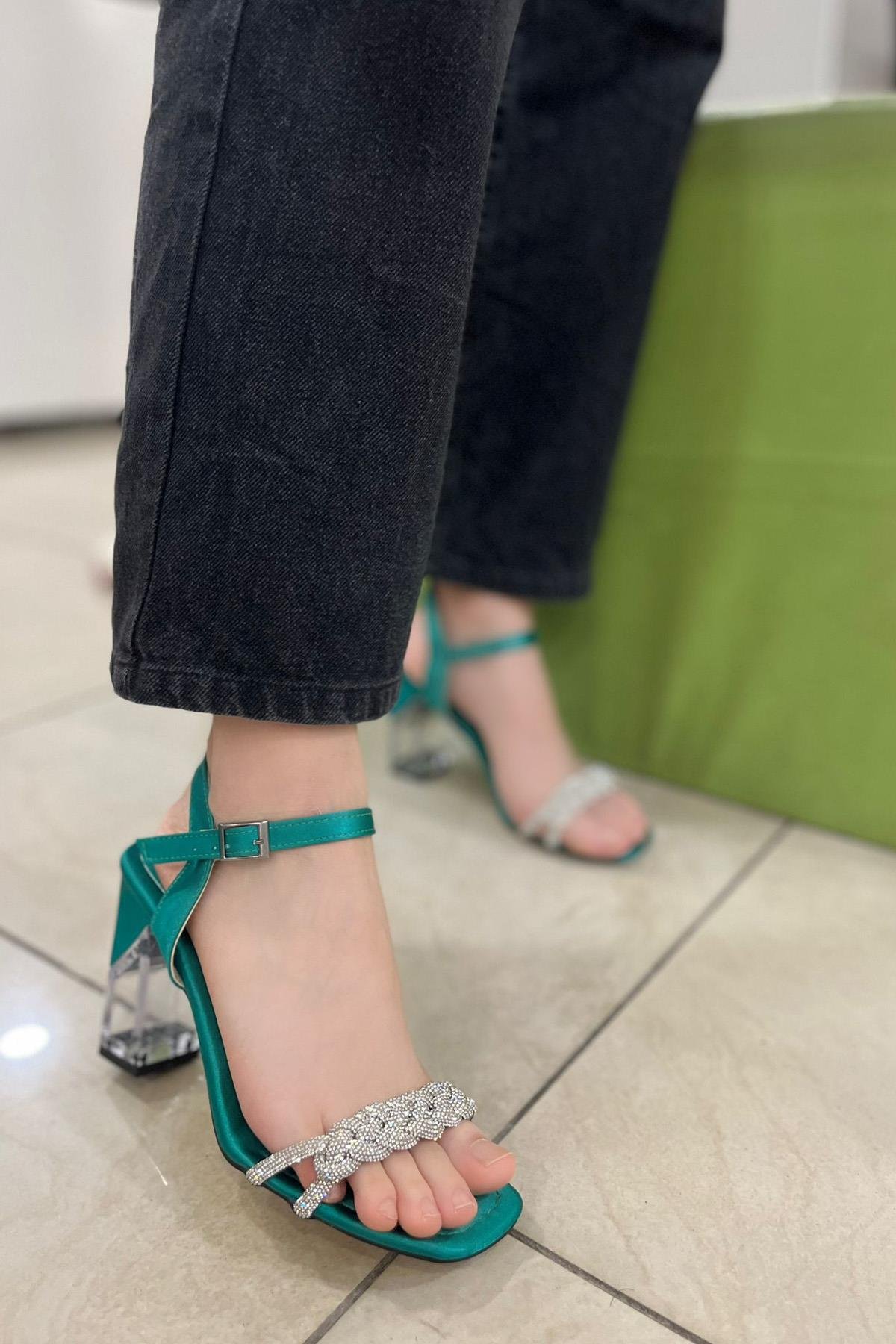 My Bella GK-1013 Örgü Taşlı Kadın Ayakkabı Yeşil Saten