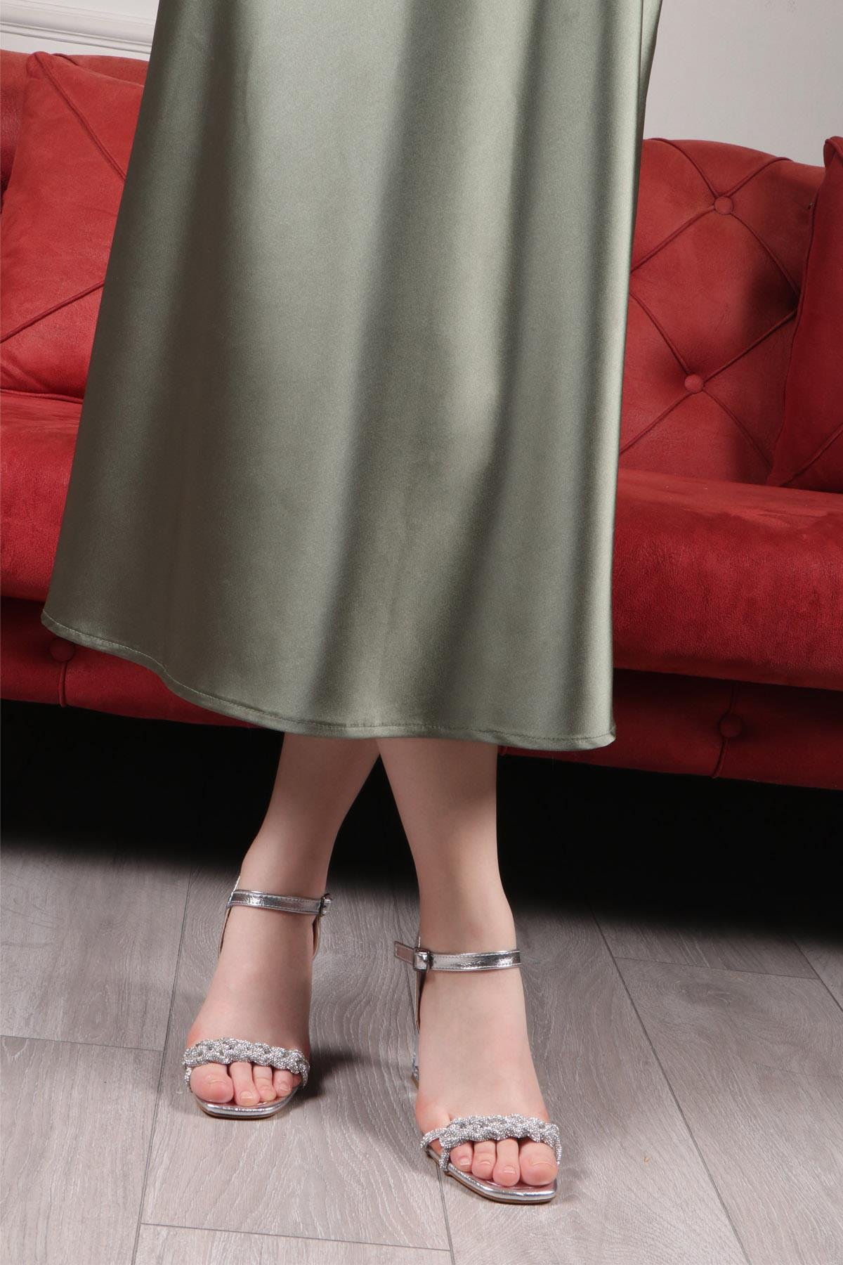 My Bella GK-1013 Örgü Taşlı Kadın Ayakkabı Gümüş Kırışık