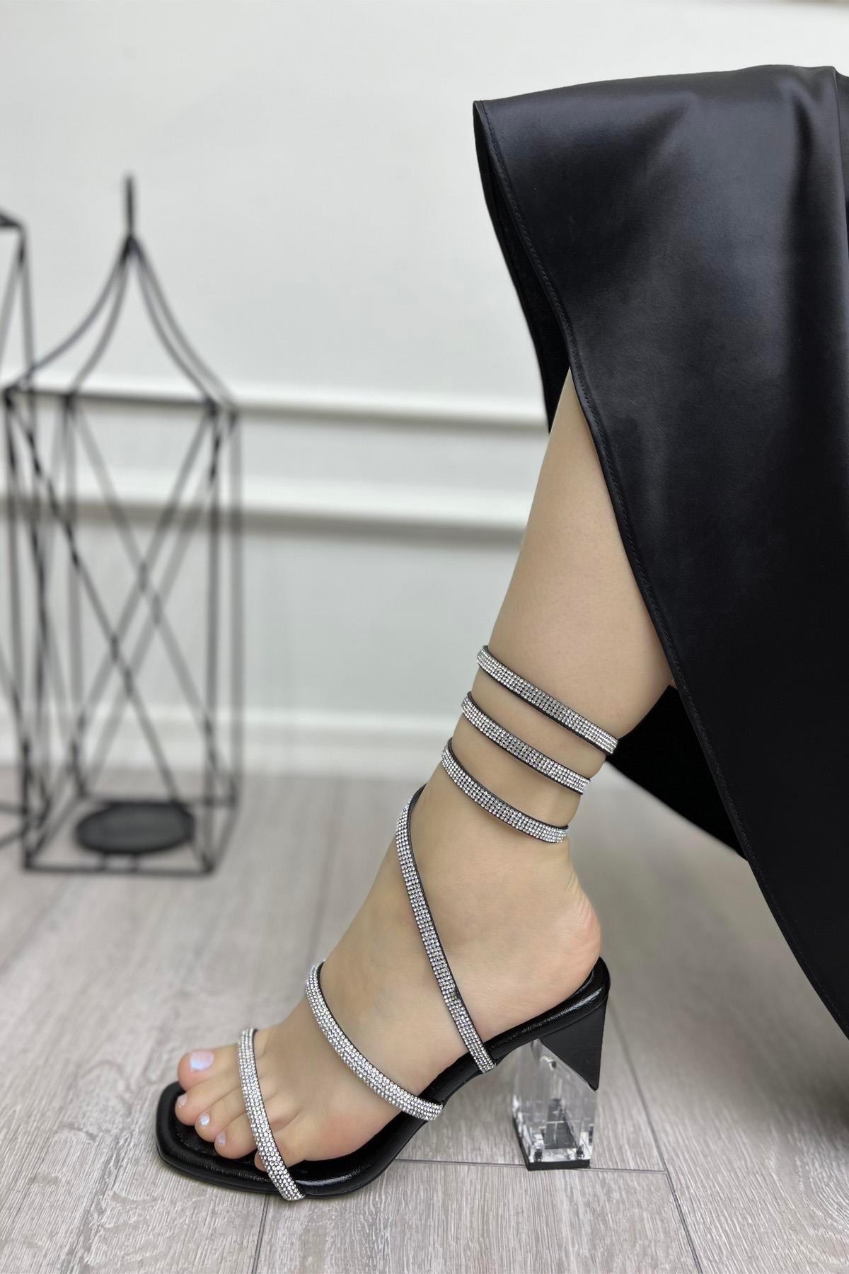 My Bella GK-2024 Taşlı Kadın Ayakkabı Siyah Kırışık