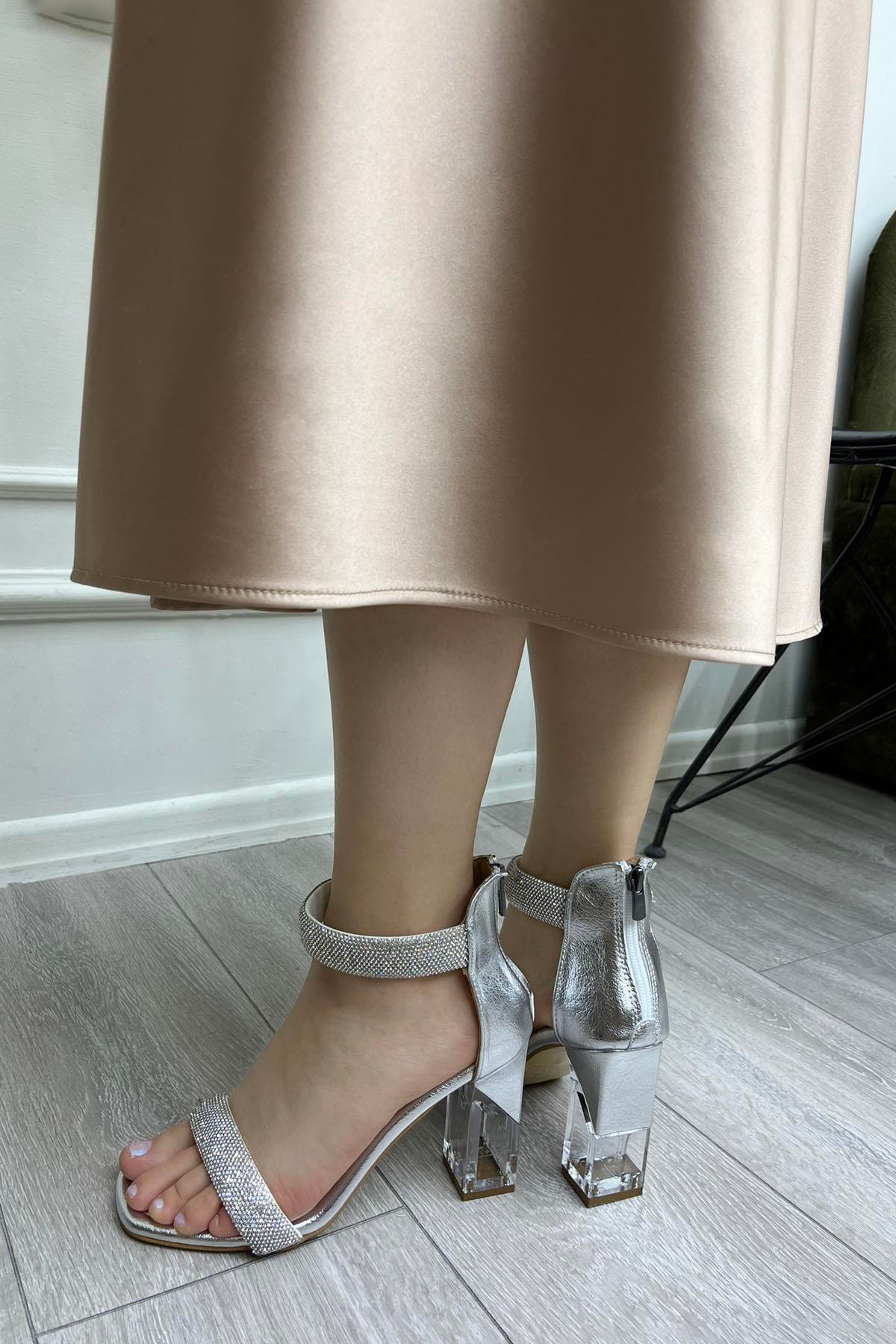 My Bella GK-2028 Taşlı Kadın Ayakkabı Gümüş Kırışık