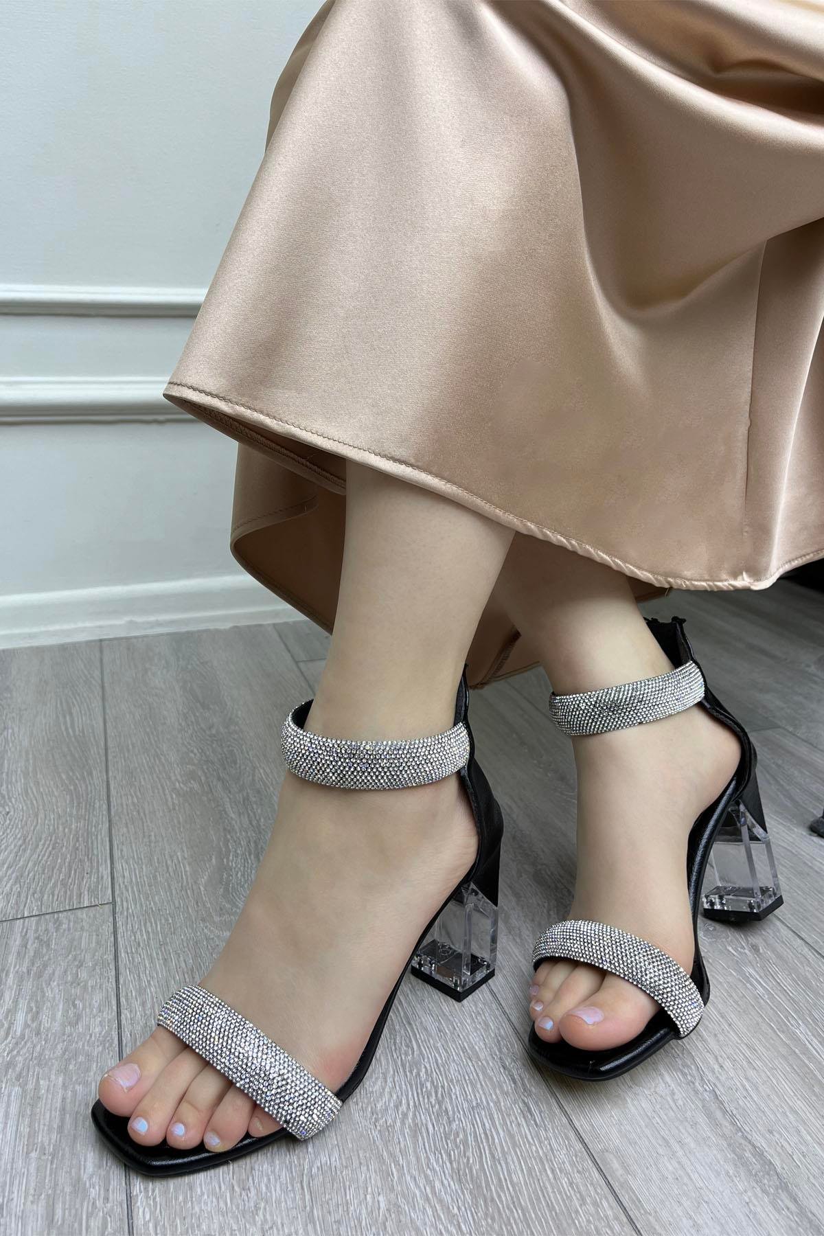 My Bella GK-2028 Taşlı Kadın Ayakkabı Siyah Kırışık