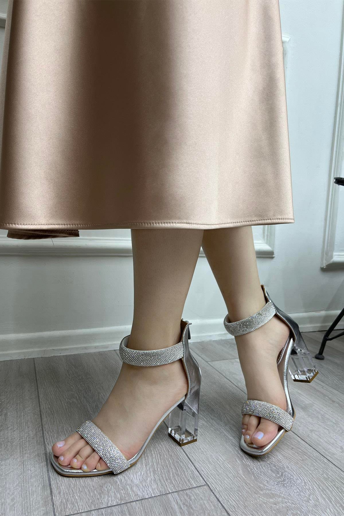 My Bella GK-2028 Taşlı Kadın Ayakkabı Gümüş Kırışık