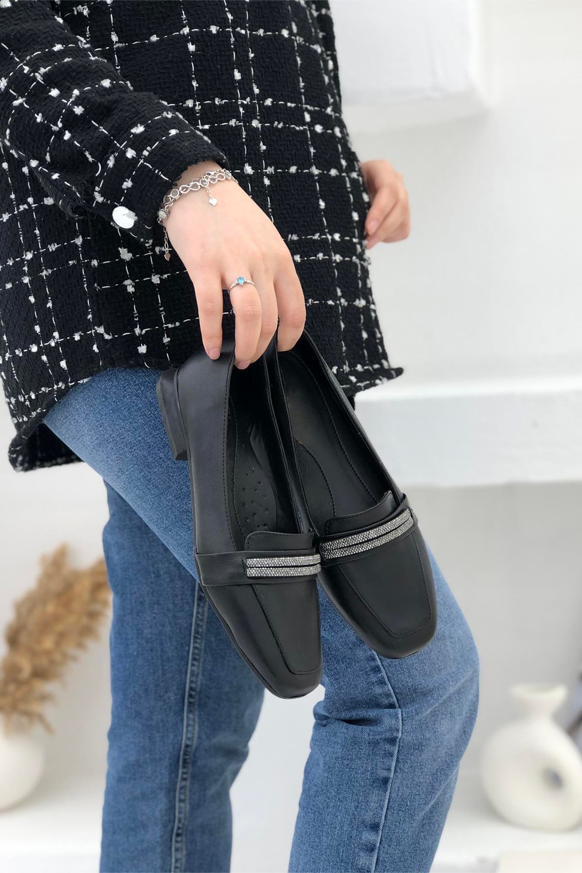 My Bella HL-1002 Taşlı Kadın Babet Sıyah
