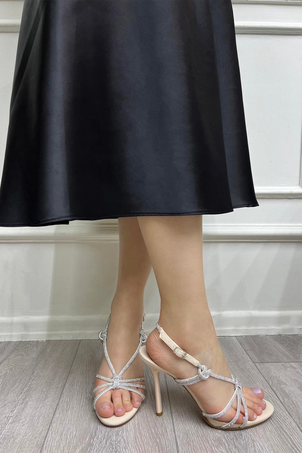 My Bella HM-816 Taşlı Topuklu Kadın Ayakkabı Krem