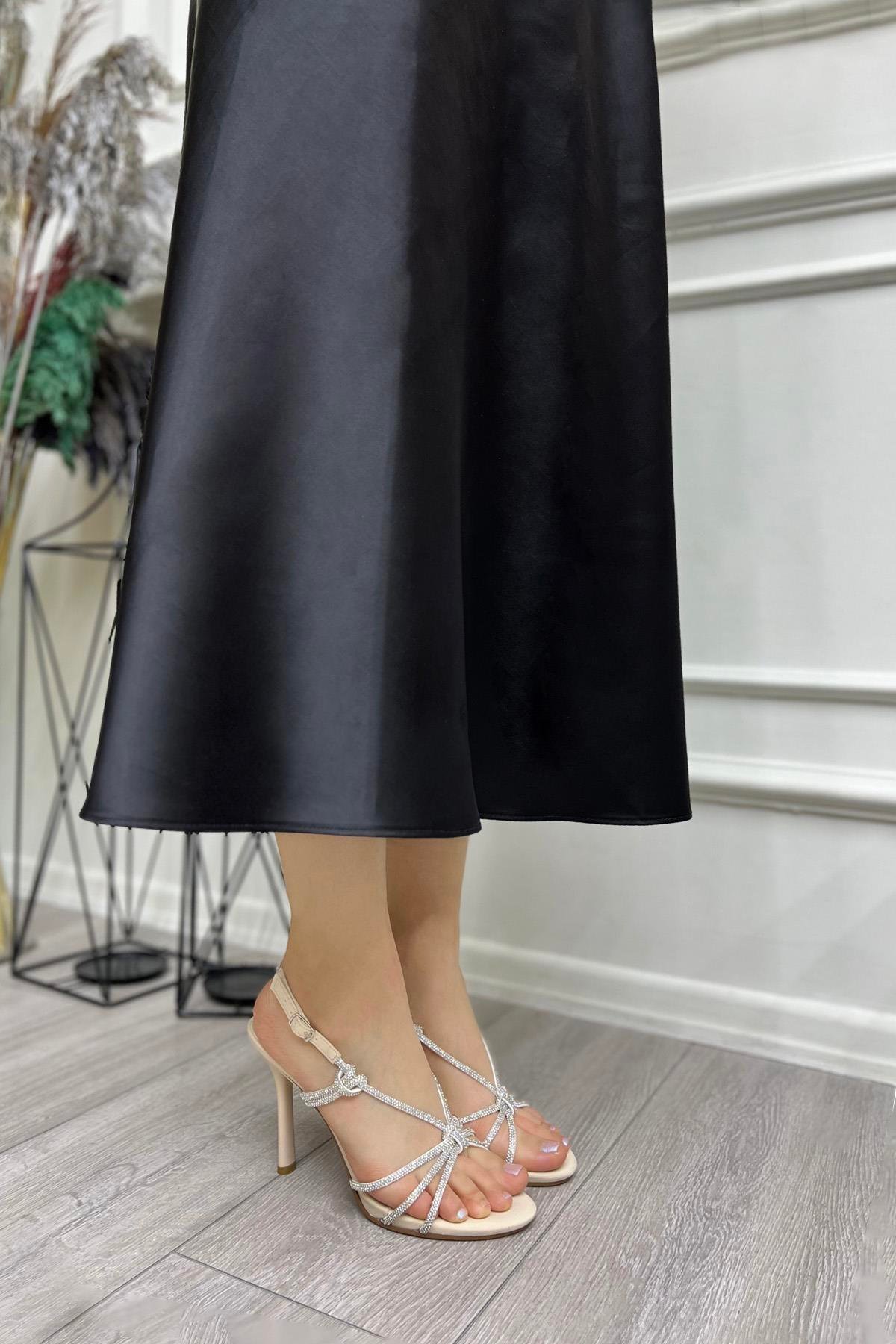 My Bella HM-816 Taşlı Topuklu Kadın Ayakkabı Krem