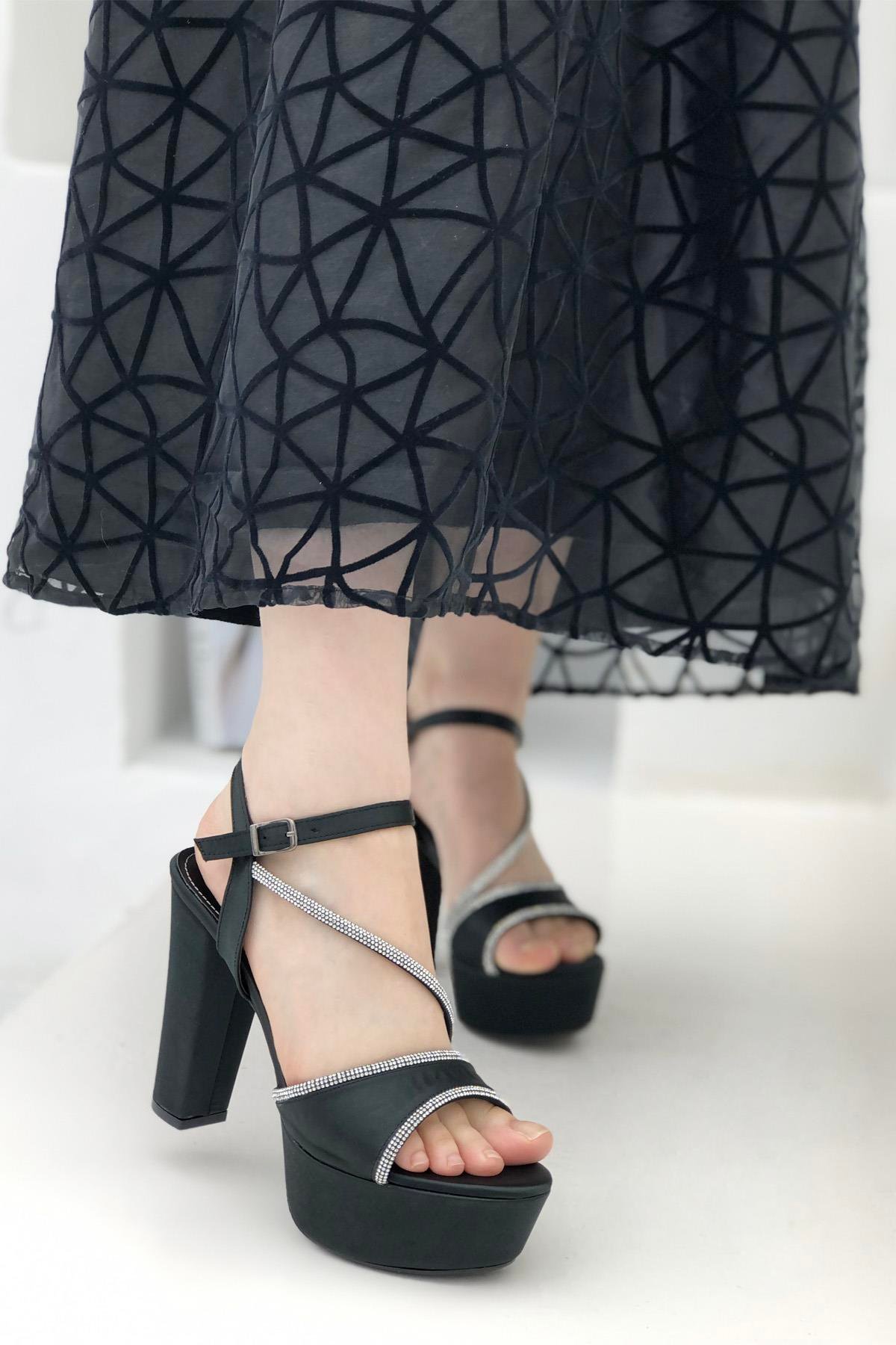 My Bella K-575 Taşlı Platform Kadın Ayakkabı Siyah Saten