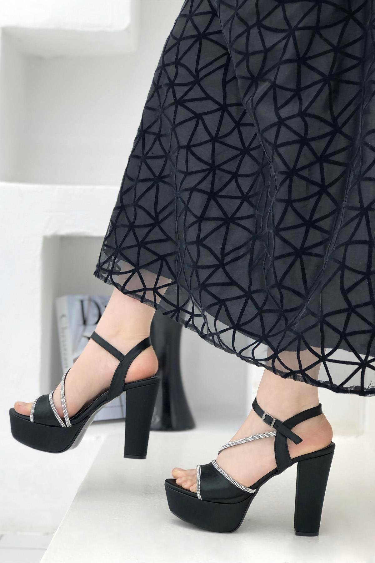 My Bella K-575 Taşlı Platform Kadın Ayakkabı Siyah Saten