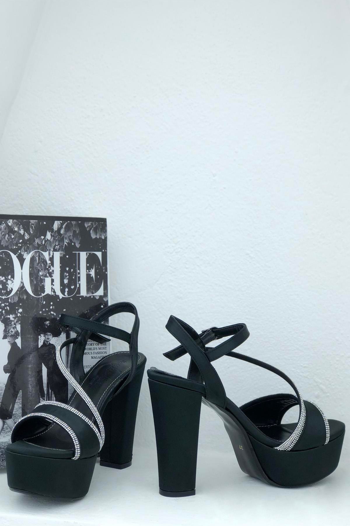 My Bella K-575 Taşlı Platform Kadın Ayakkabı Siyah Saten