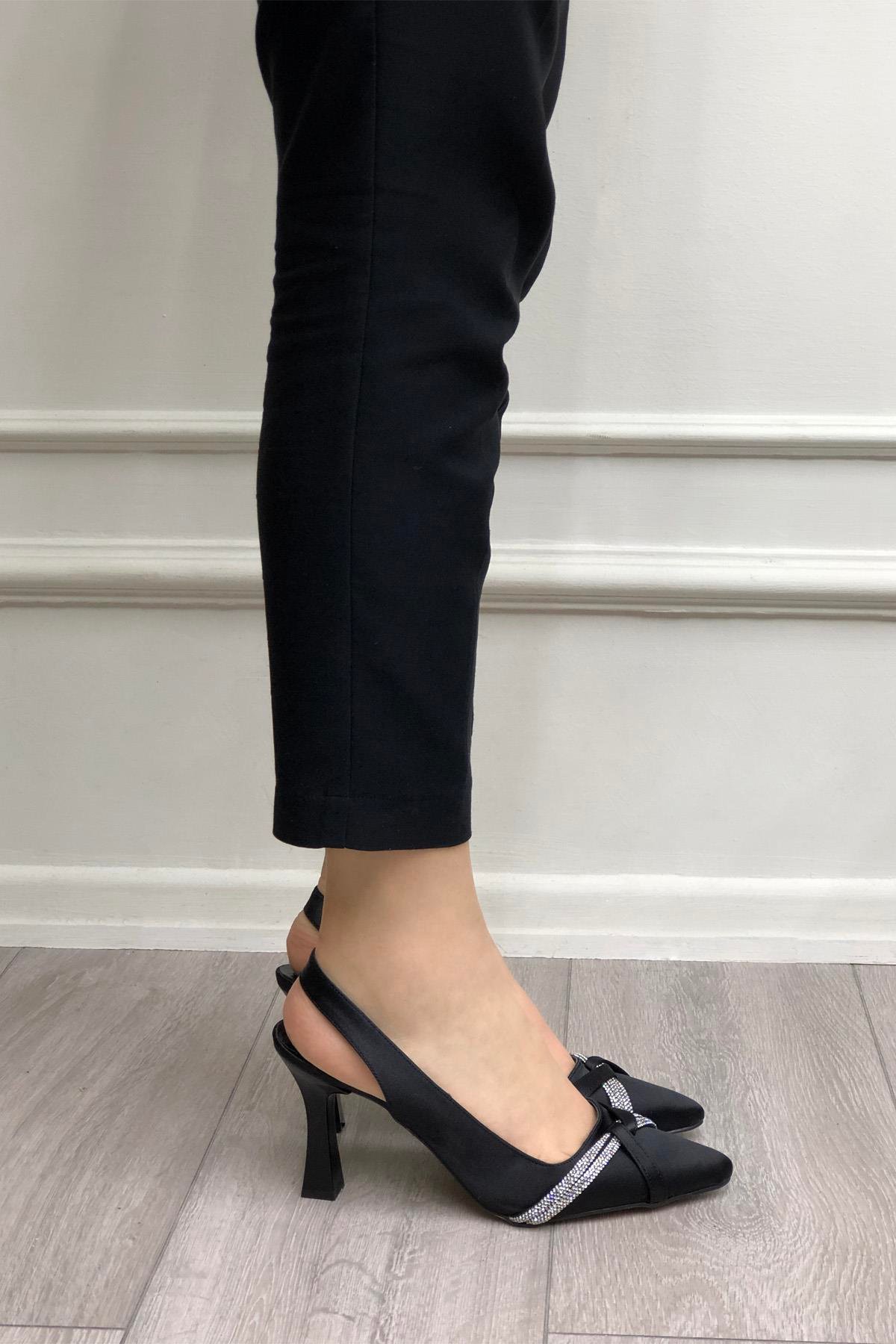 My Bella KRD-308 Taşlı Kadeh Topuk Kadın Ayakkabı Siyah Saten