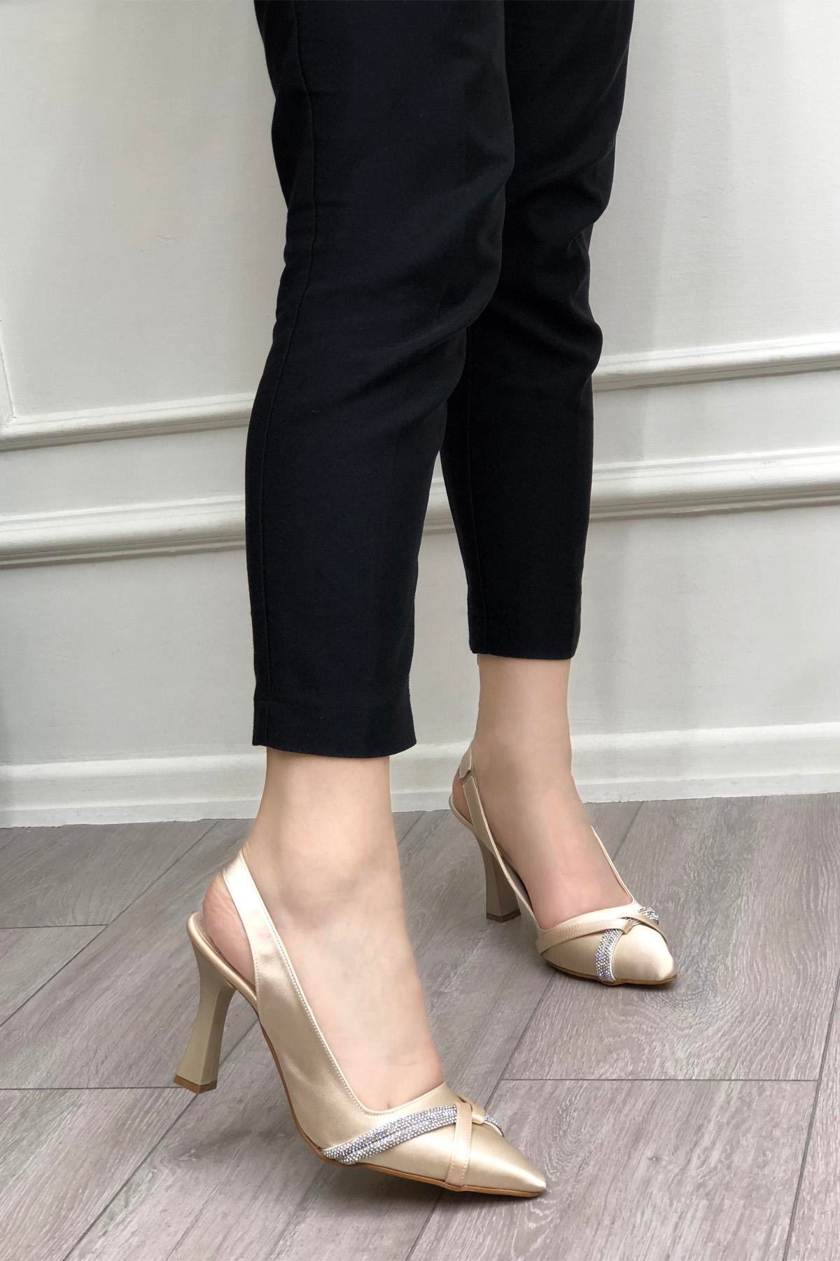 My Bella KRD-308 Taşlı Kadeh Topuk Kadın Ayakkabı Ten Saten