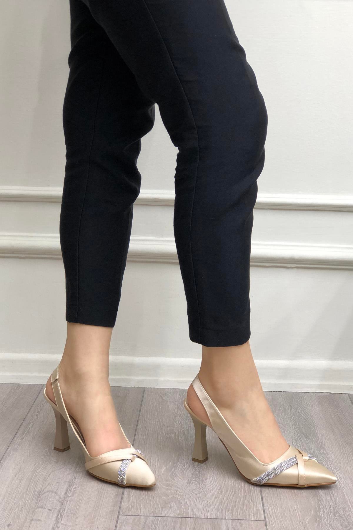 My Bella KRD-308 Taşlı Kadeh Topuk Kadın Ayakkabı Ten Saten