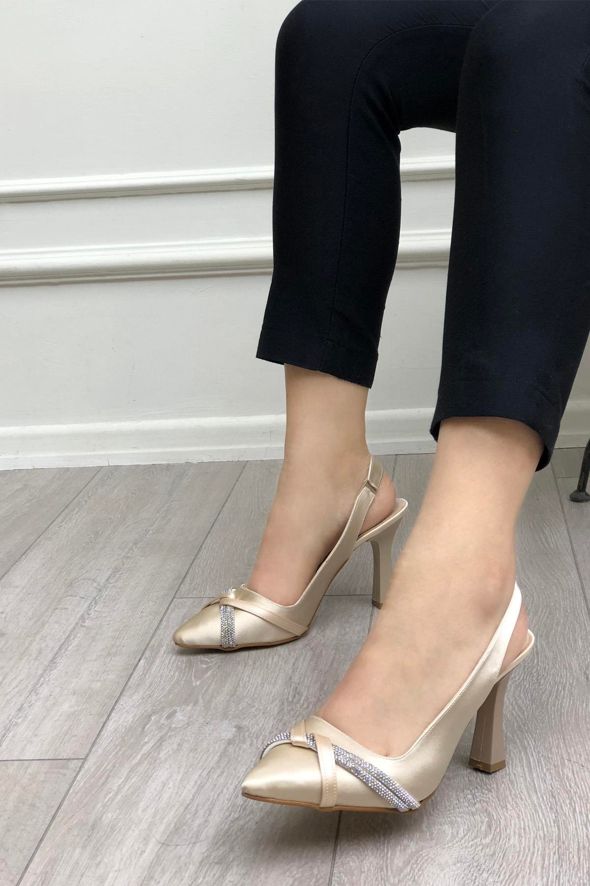 My Bella KRD-308 Taşlı Kadeh Topuk Kadın Ayakkabı Ten Saten
