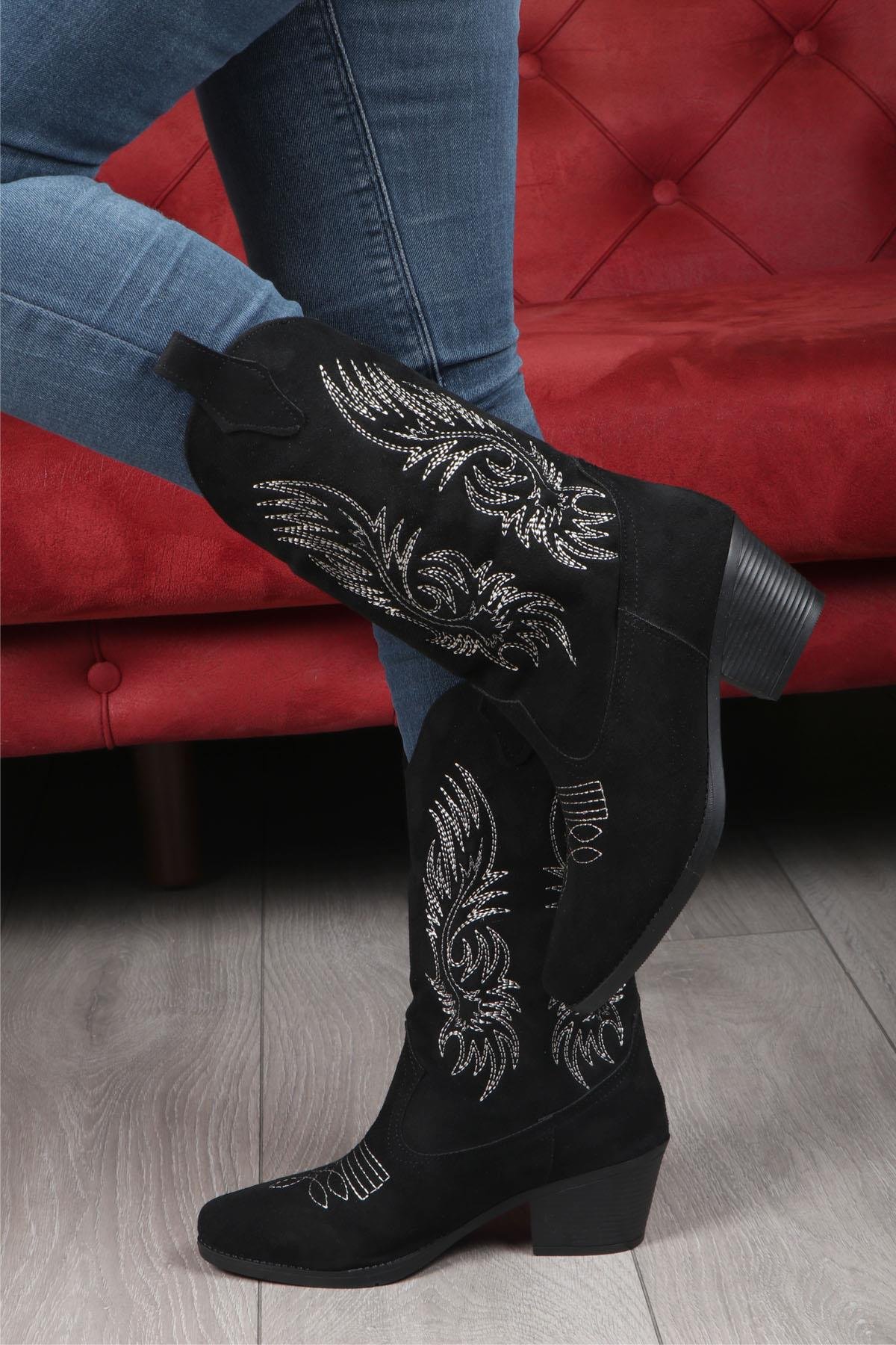 MY BELLA KS-886 Kadın Kovboy Çizme Siyah Süet