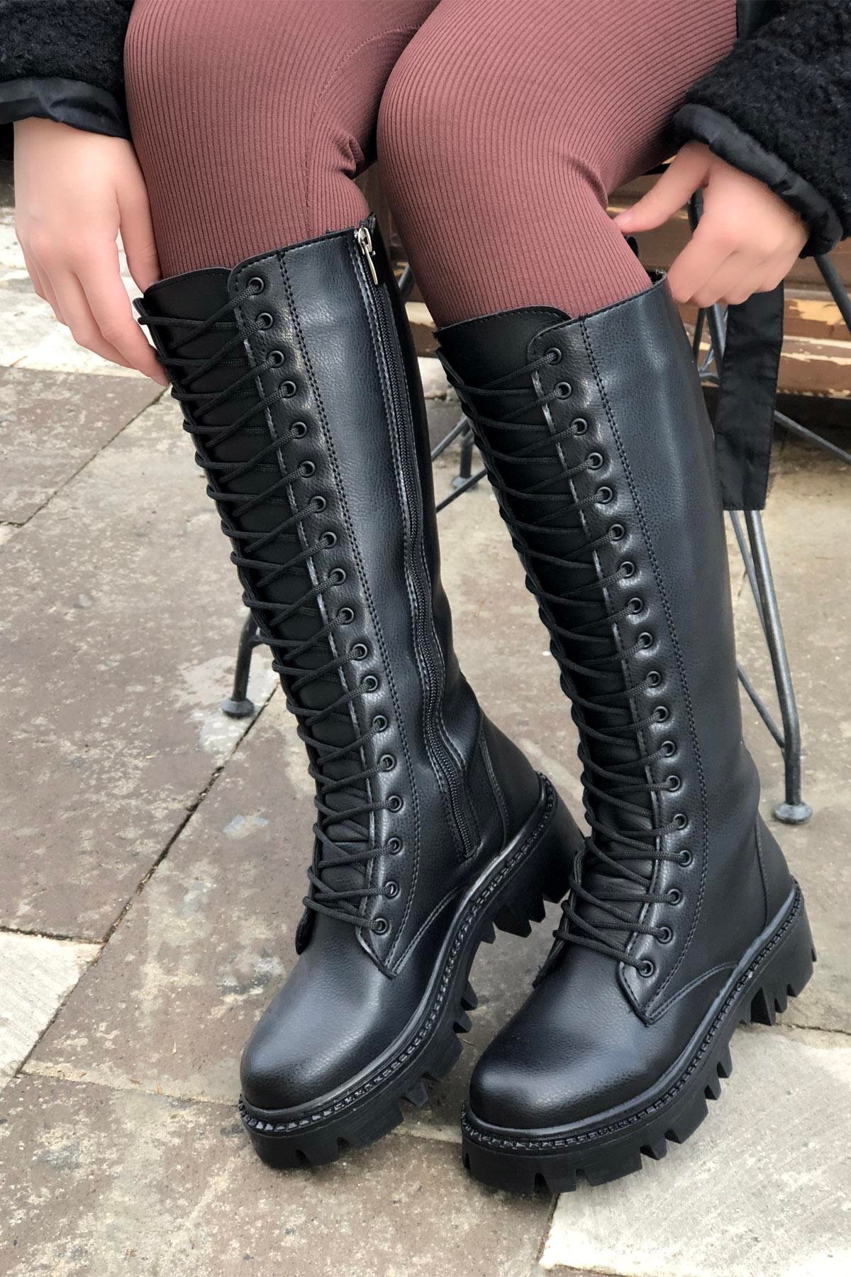 My Bella Loya Ş-75 Bağcıklı Kadın Çizme Siyah
