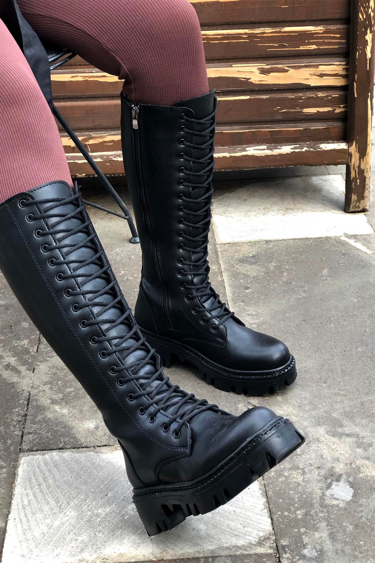 My Bella Loya Ş-75 Bağcıklı Kadın Çizme Siyah