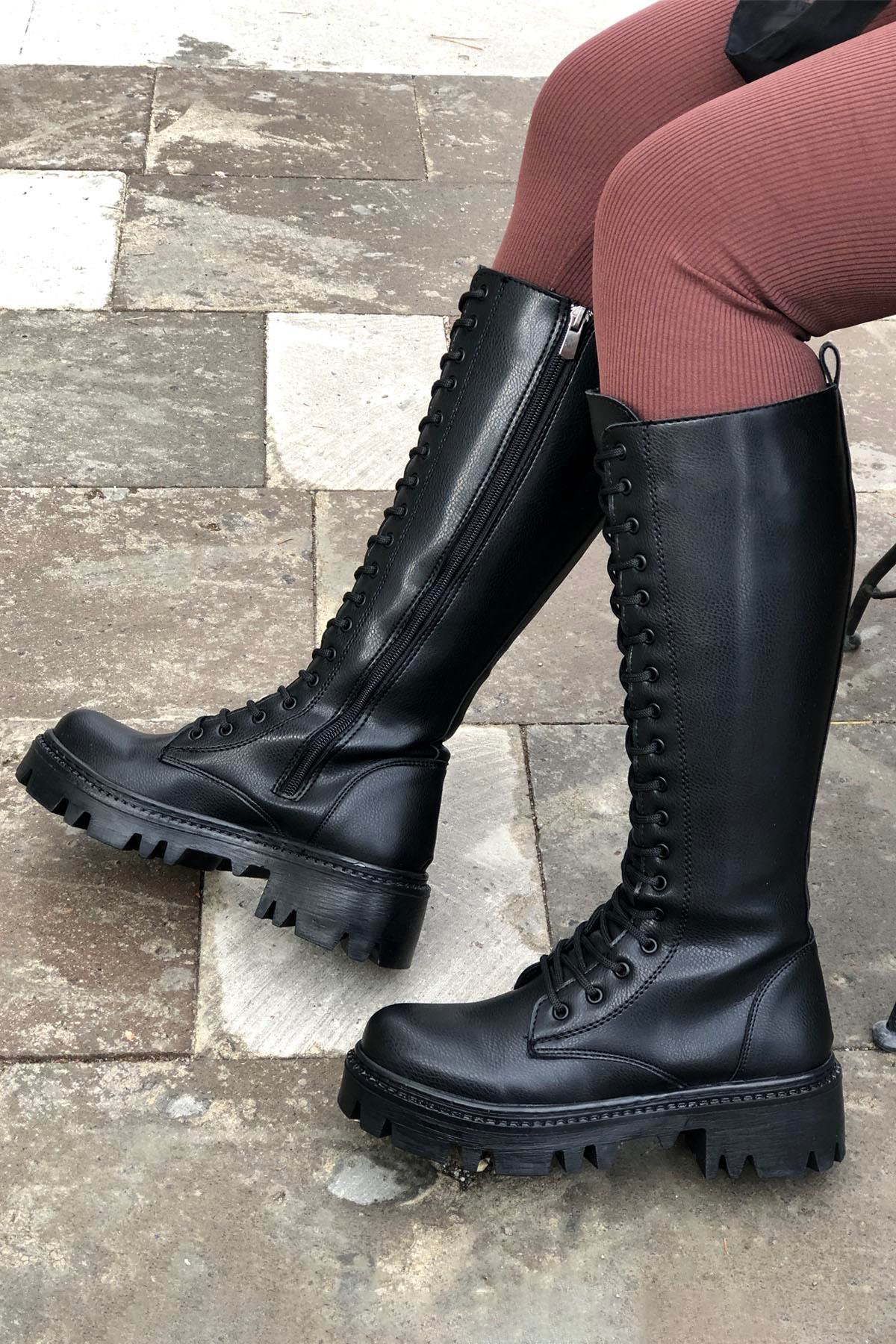 My Bella Loya Ş-75 Bağcıklı Kadın Çizme Siyah
