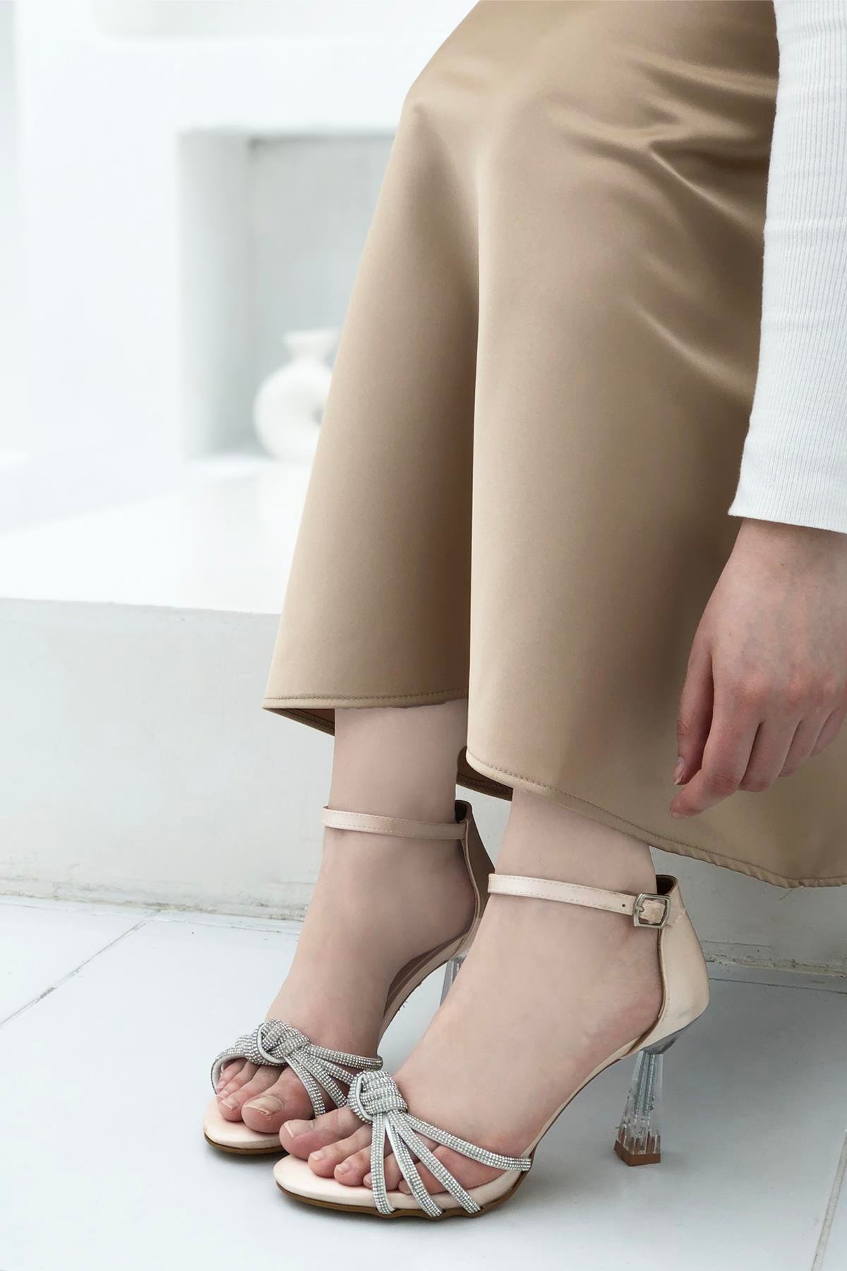 My bella Ms-MTN04 Taşlı Kadın Stiletto Vizon Saten