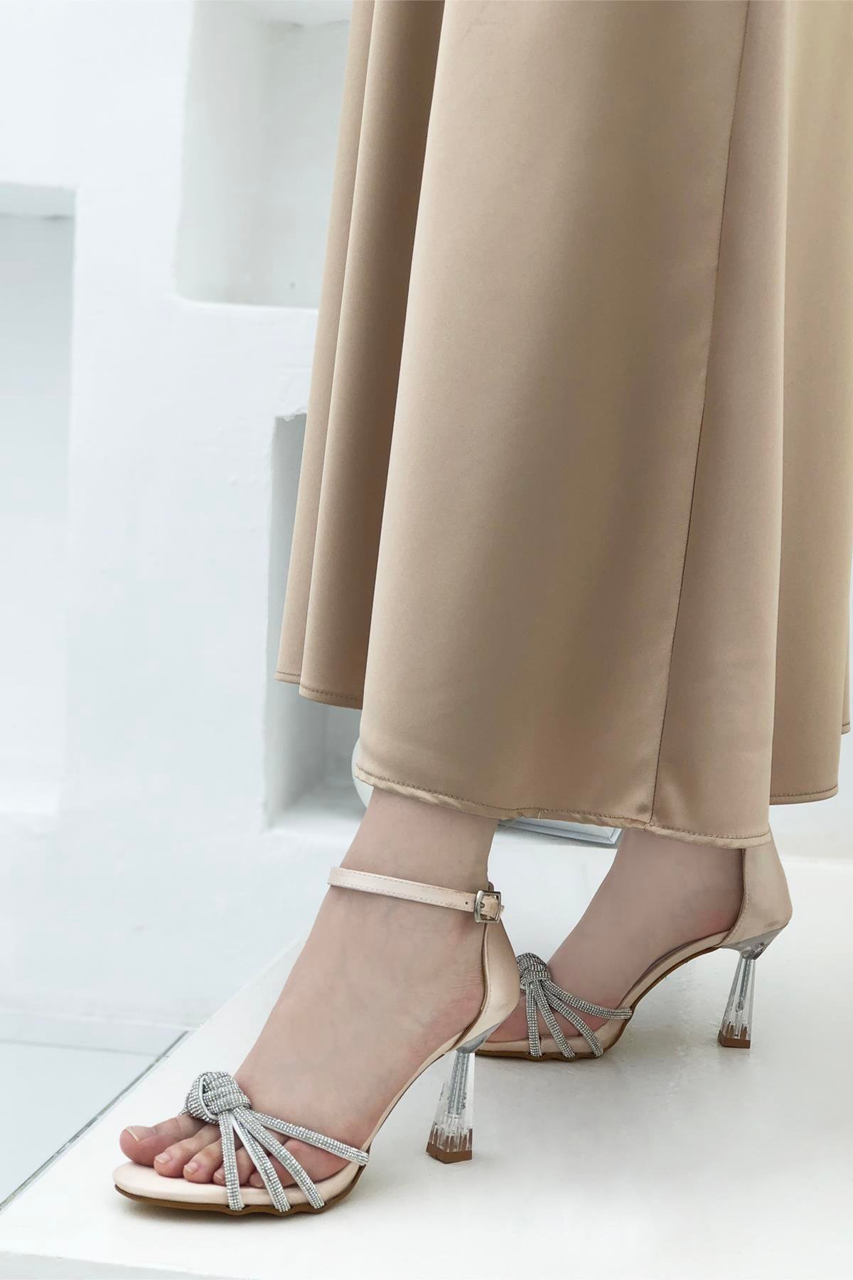 My bella Ms-MTN04 Taşlı Kadın Stiletto Vizon Saten