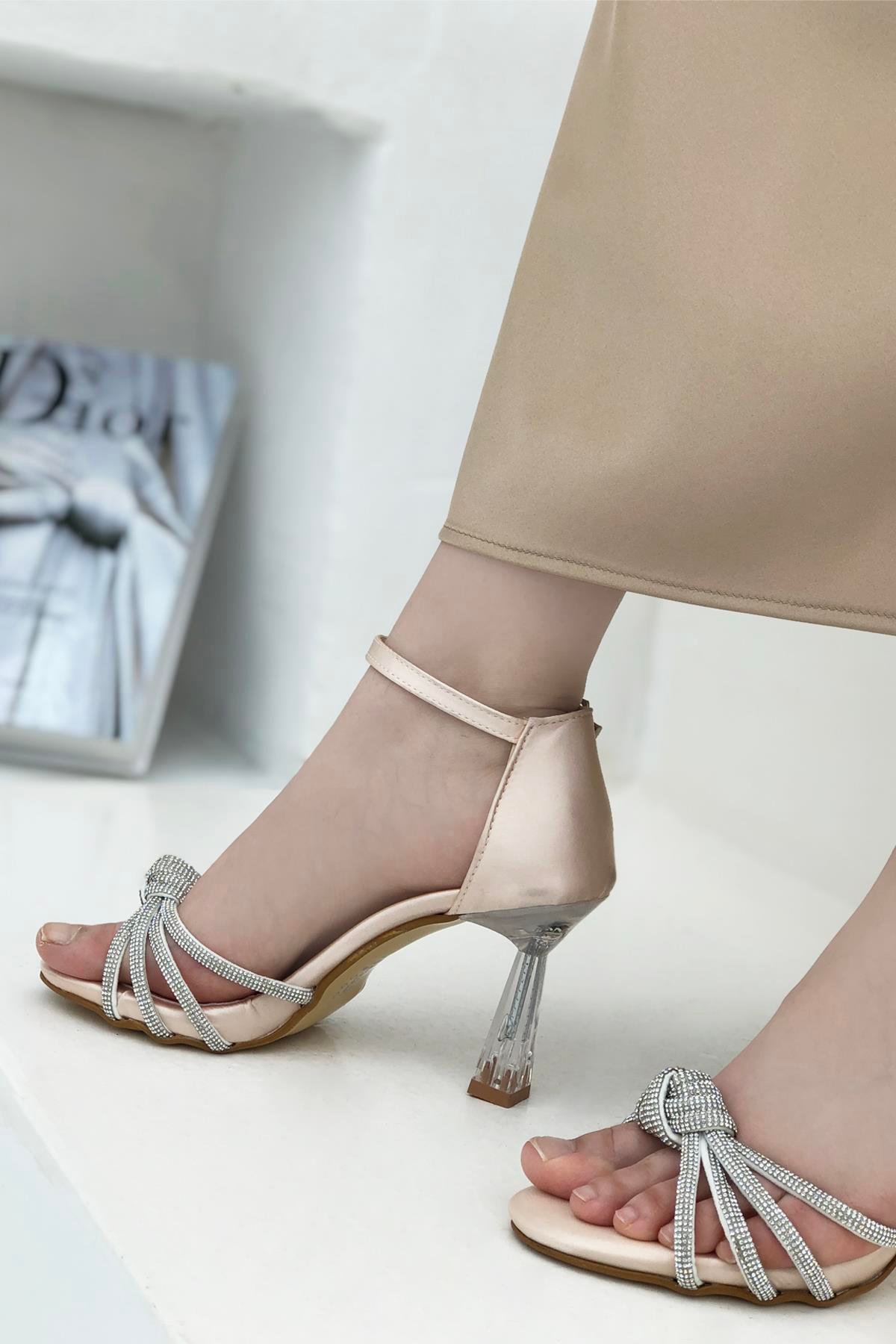 My bella Ms-MTN04 Taşlı Kadın Stiletto Vizon Saten
