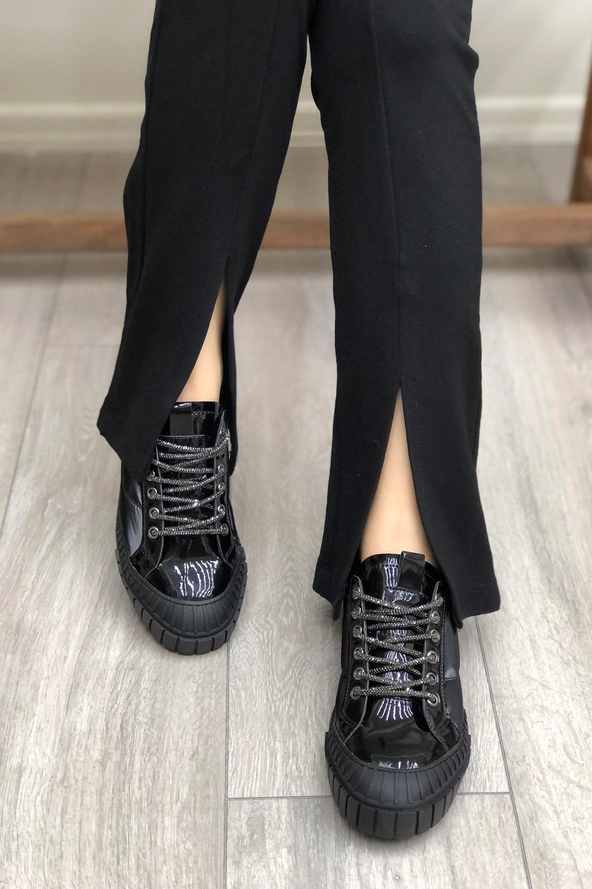 My Bella RSS-300 Paraşüt Taşlı Bağcıklı Kadın Ayakkabı Siyah