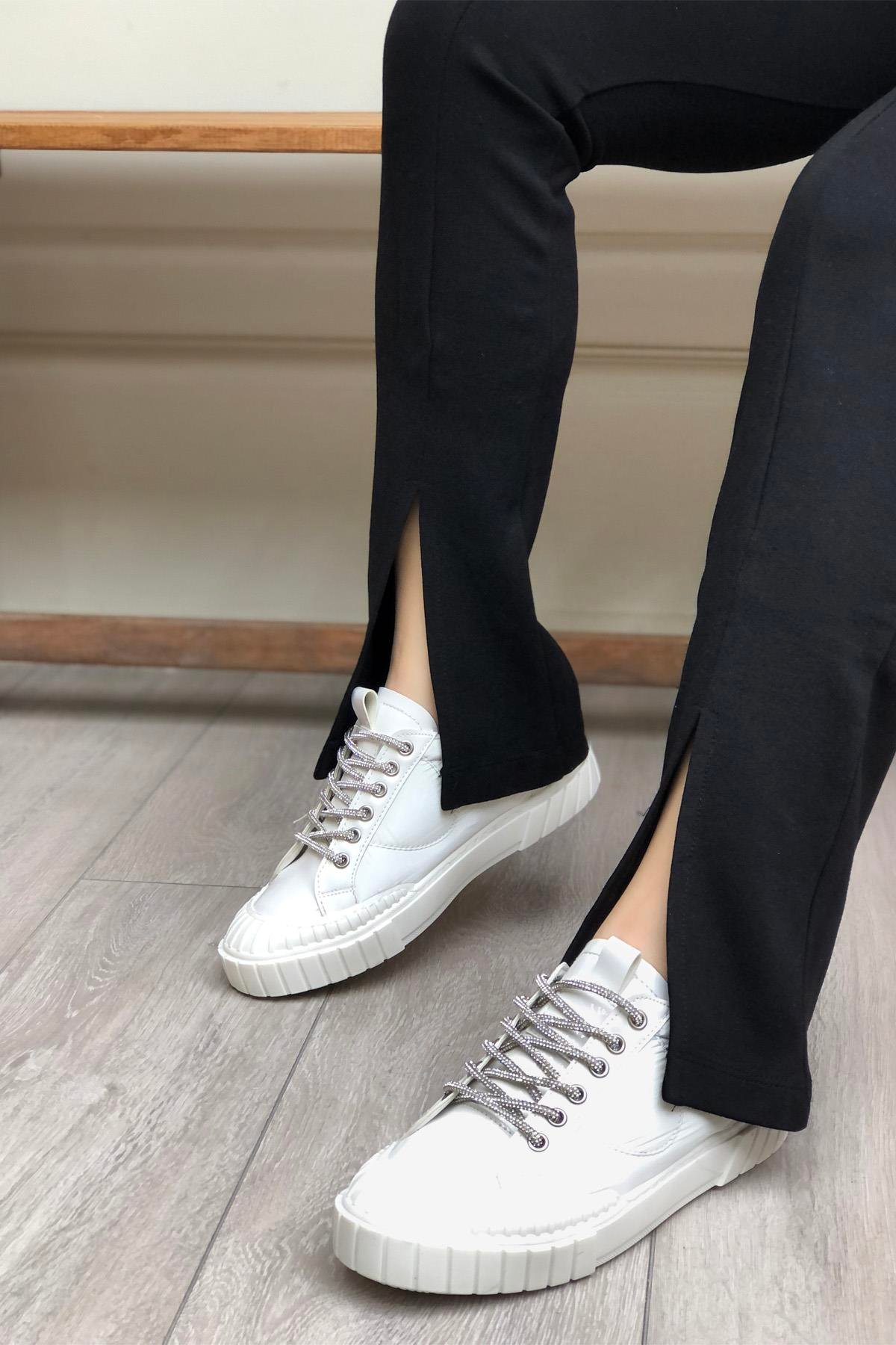 My Bella RSS-300 Paraşüt Taşlı Bağcıklı Kadın Ayakkabı Beyaz