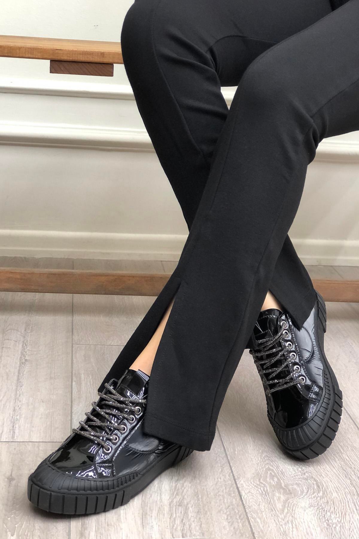 My Bella RSS-300 Paraşüt Taşlı Bağcıklı Kadın Ayakkabı Siyah