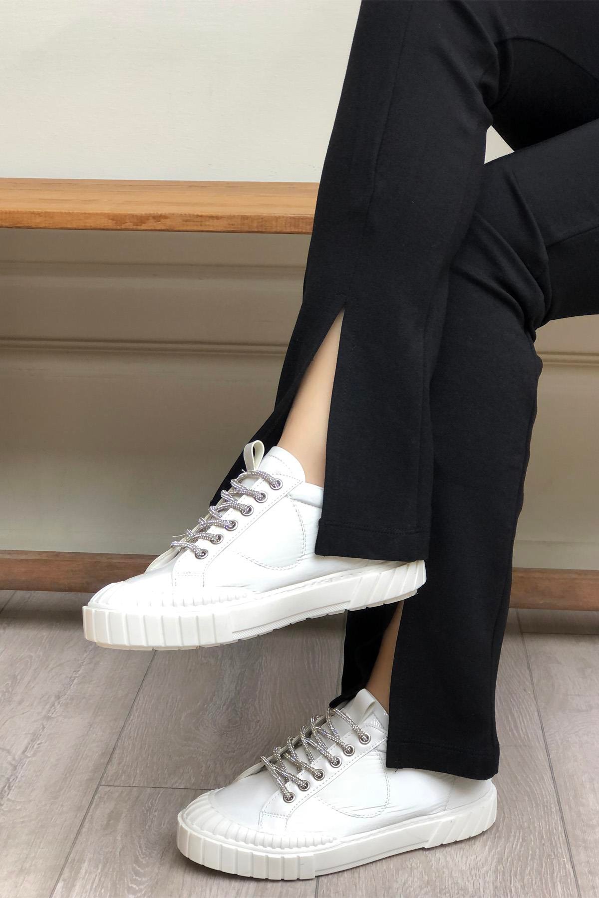 My Bella RSS-300 Paraşüt Taşlı Bağcıklı Kadın Ayakkabı Beyaz