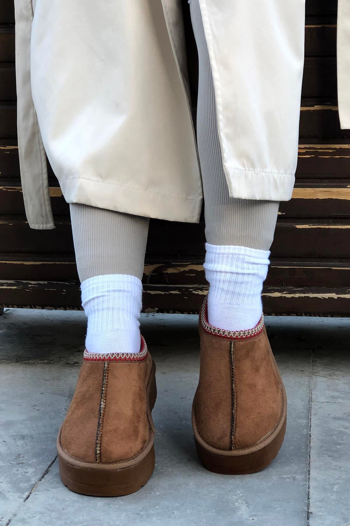 My Bella SDY-50 Mini Kalın Taban UGG Kadın Terlik Taba