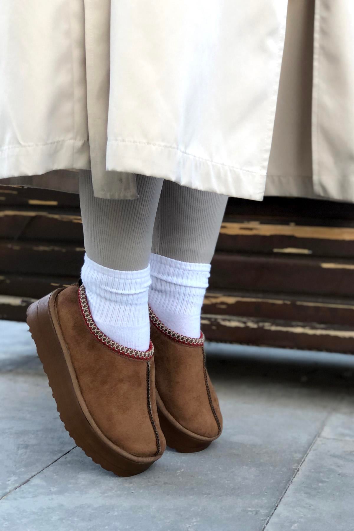 My Bella SDY-50 Mini Kalın Taban UGG Kadın Terlik Taba