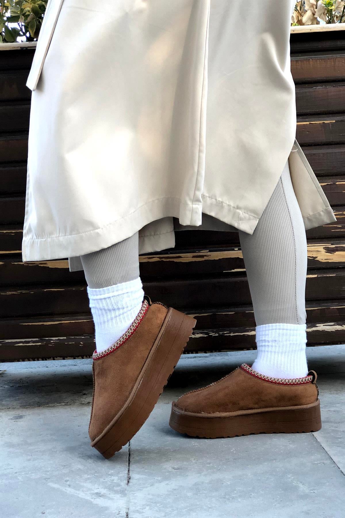 My Bella SDY-50 Mini Kalın Taban UGG Kadın Terlik Taba