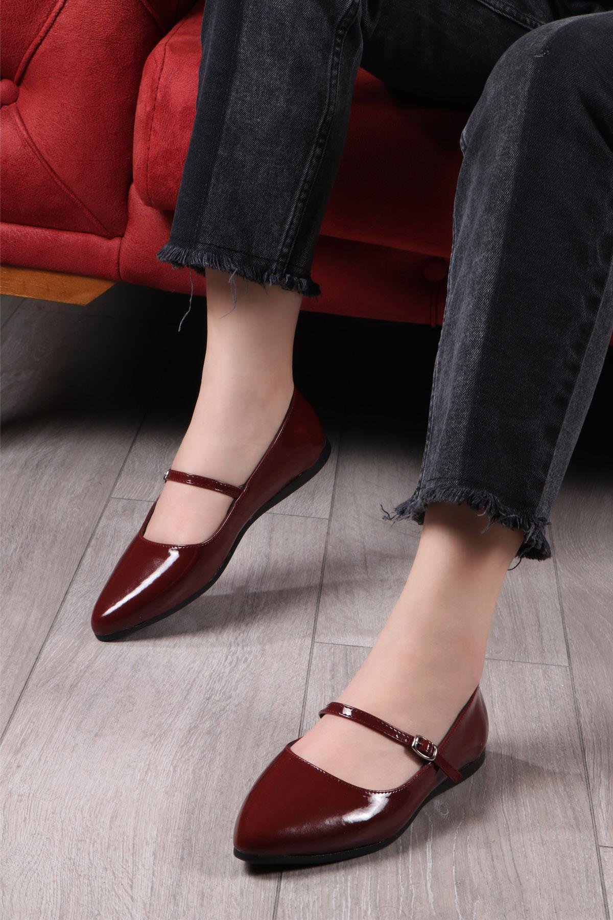 My Bella SDY-S417 Tek Bant  Kadın Babet Bordo Rugan