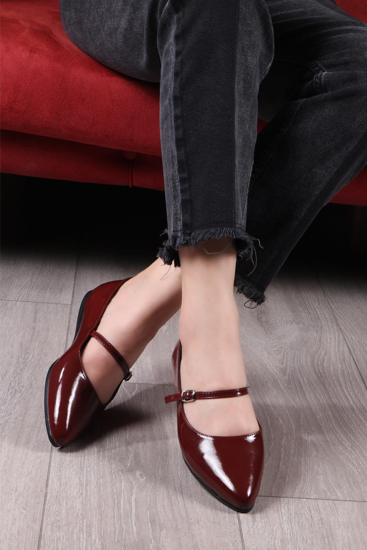 My Bella SDY-S417 Tek Bant  Kadın Babet Bordo Rugan