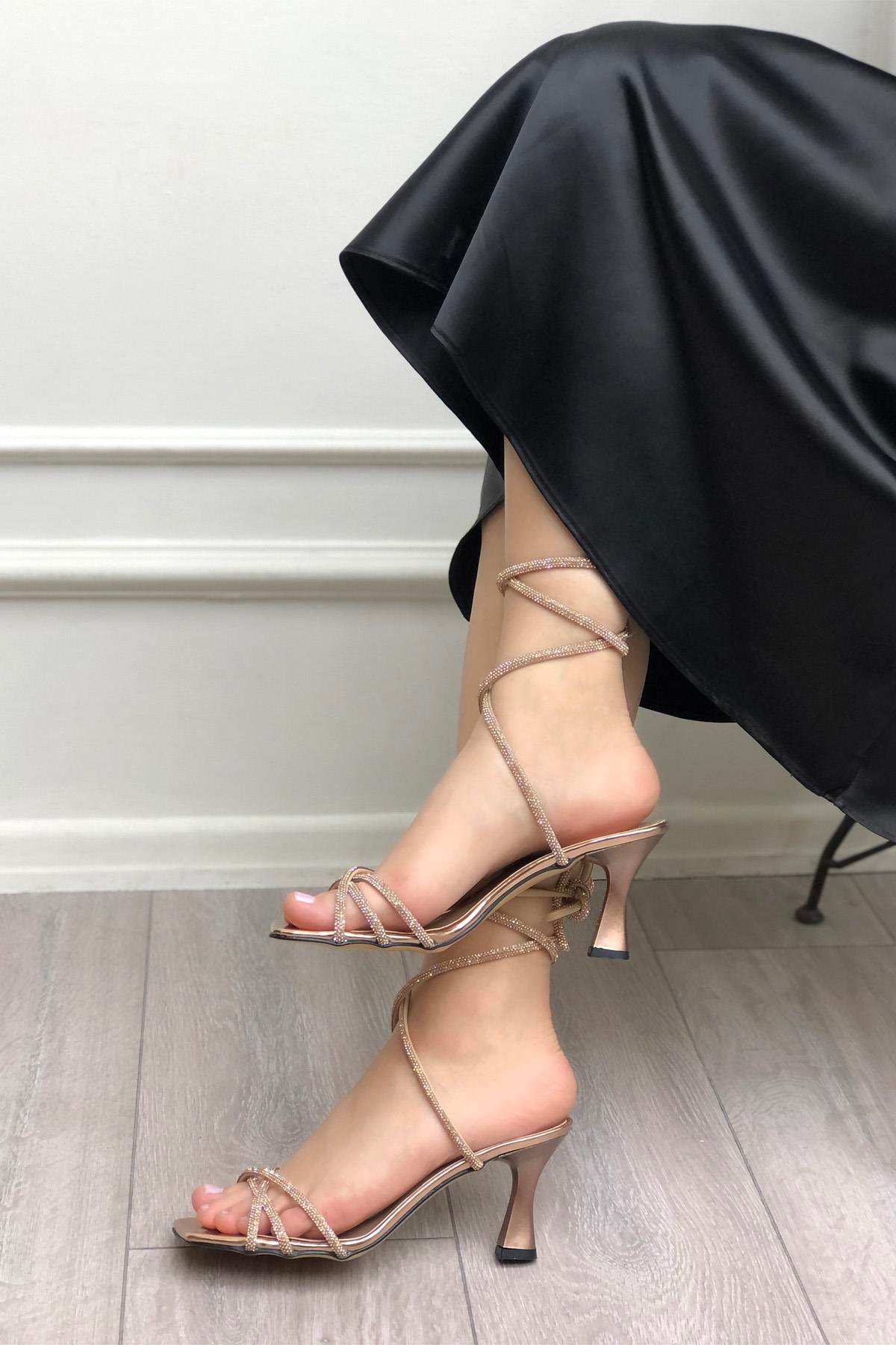 My Bella SH-BLK13 Taşlı Kadın Sandalet Rose Ayna