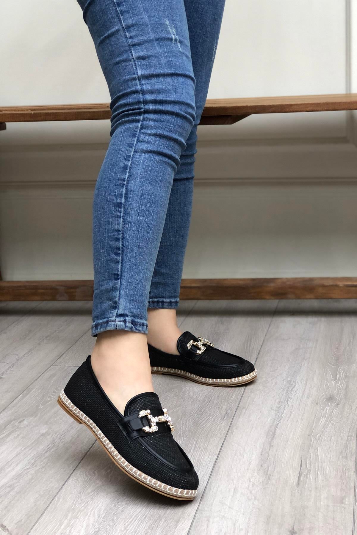 MY BELLA SM-0526 Hasır Espadril Kadın Babet Siyah