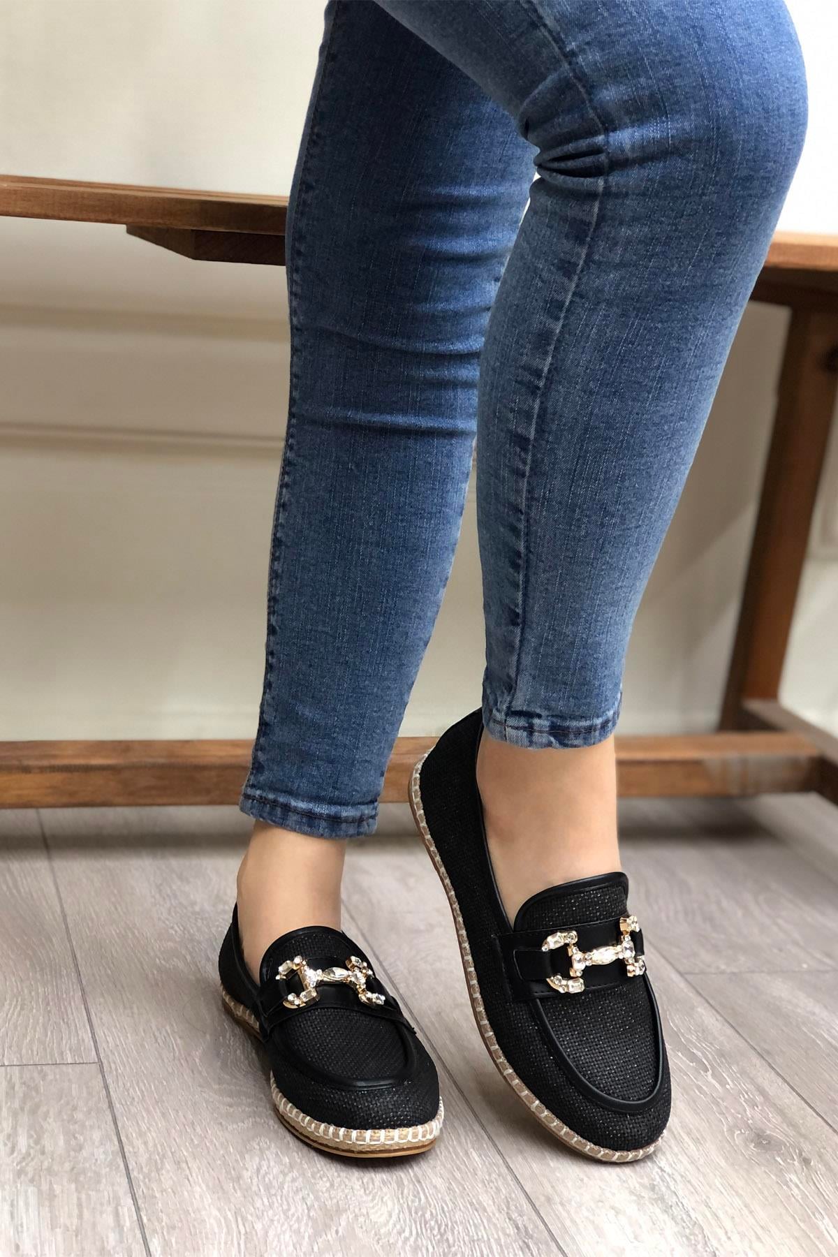 MY BELLA SM-0526 Hasır Espadril Kadın Babet Siyah