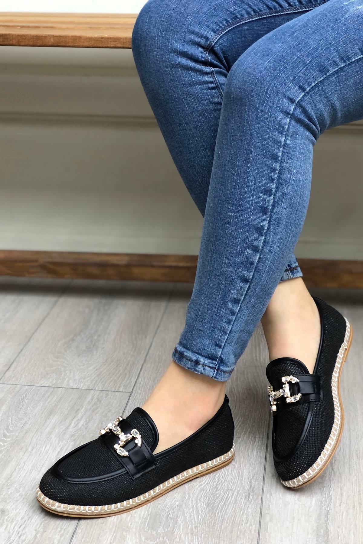 MY BELLA SM-0526 Hasır Espadril Kadın Babet Siyah