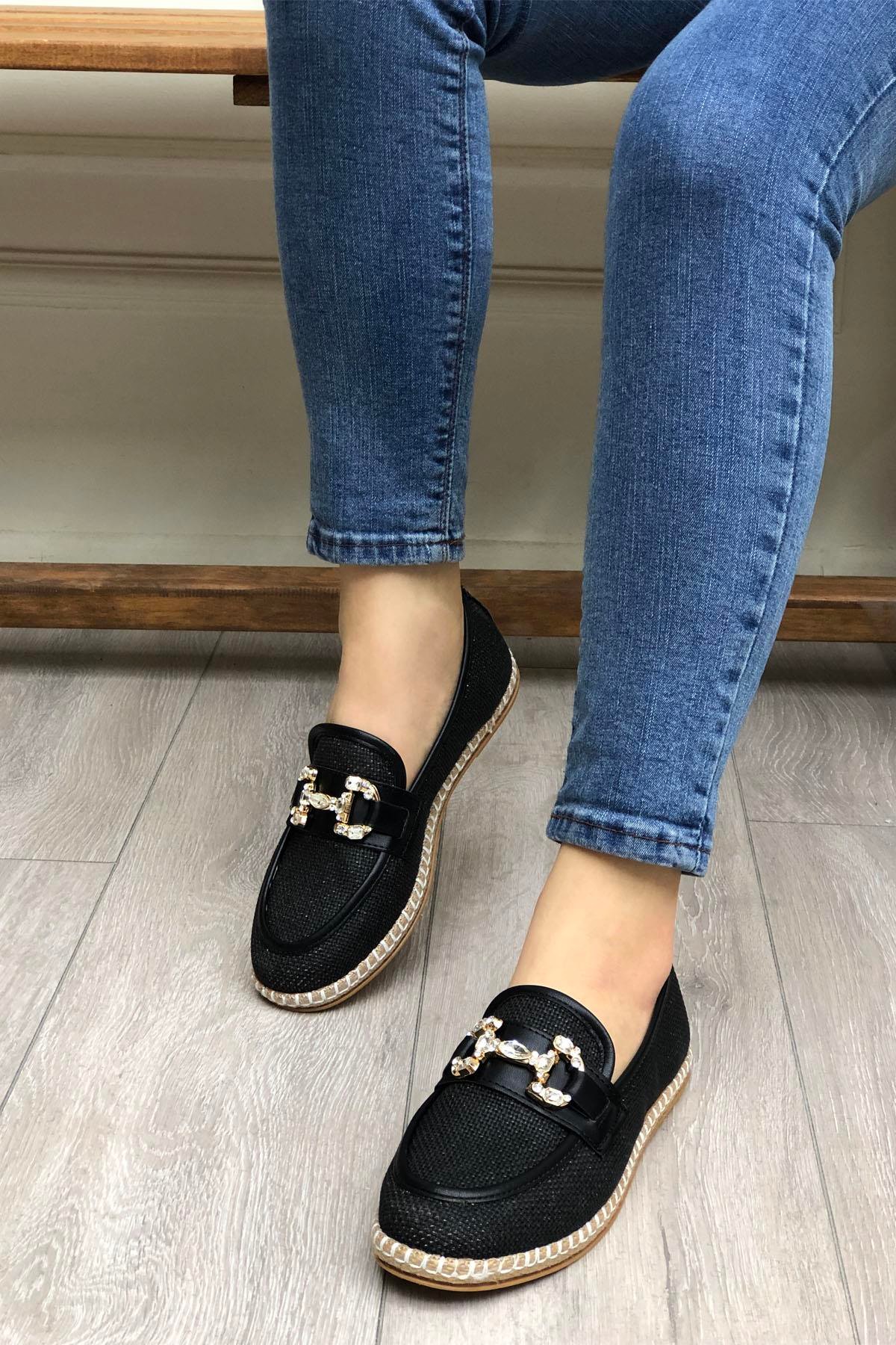 MY BELLA SM-0526 Hasır Espadril Kadın Babet Siyah